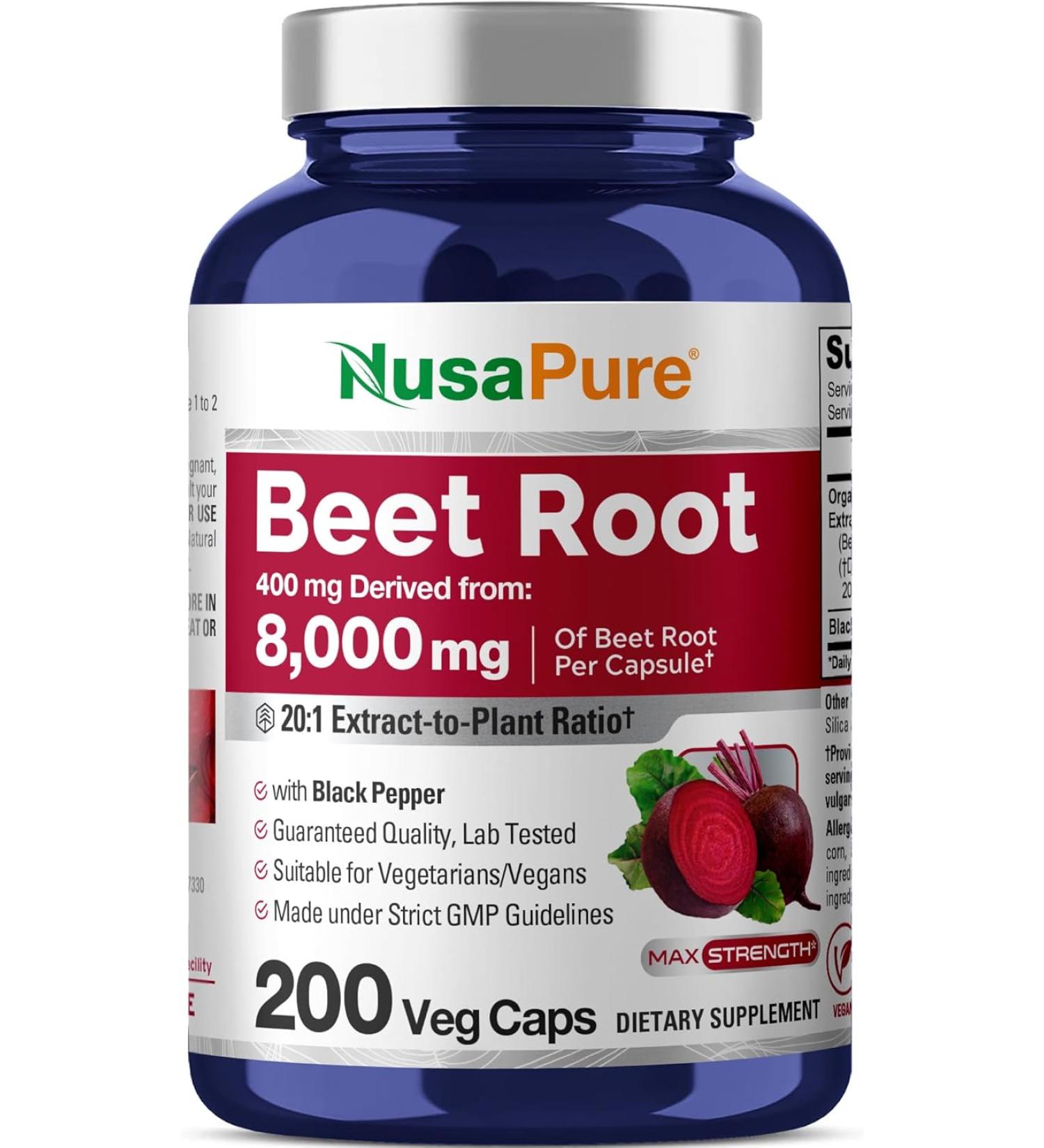 NusaPure Beet Root 8000mg - 200 Capsules | Pure and Potent Beetroot Supplement - Buy Online on GoSupps.com
