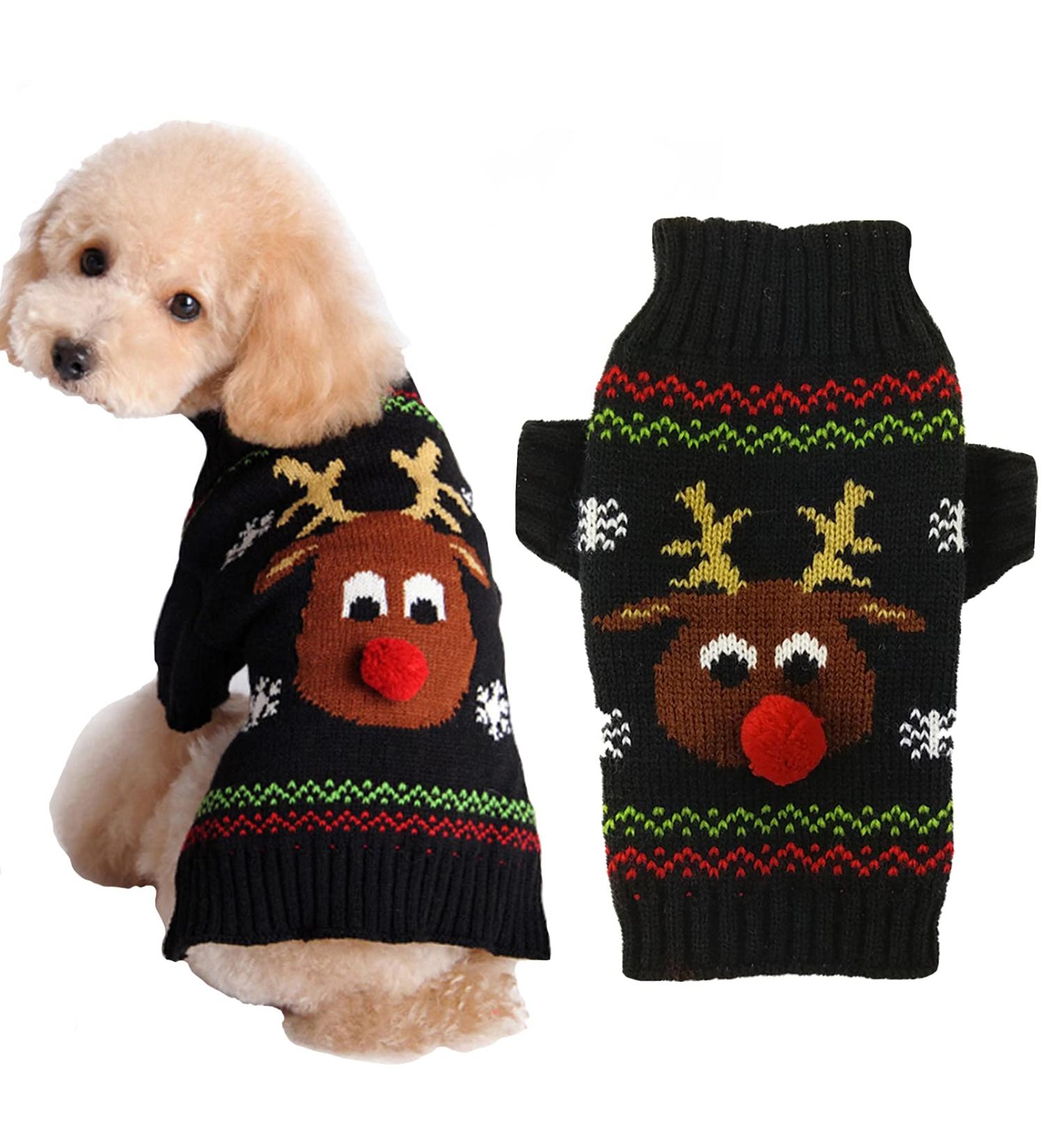 HRTTSY Christmas Dog Sweater - Cartoon Reindeer Knitwear for Pets - Warm Winter Clothes for Cats & Dogs - Size M - Buy Online on GoSupps.com