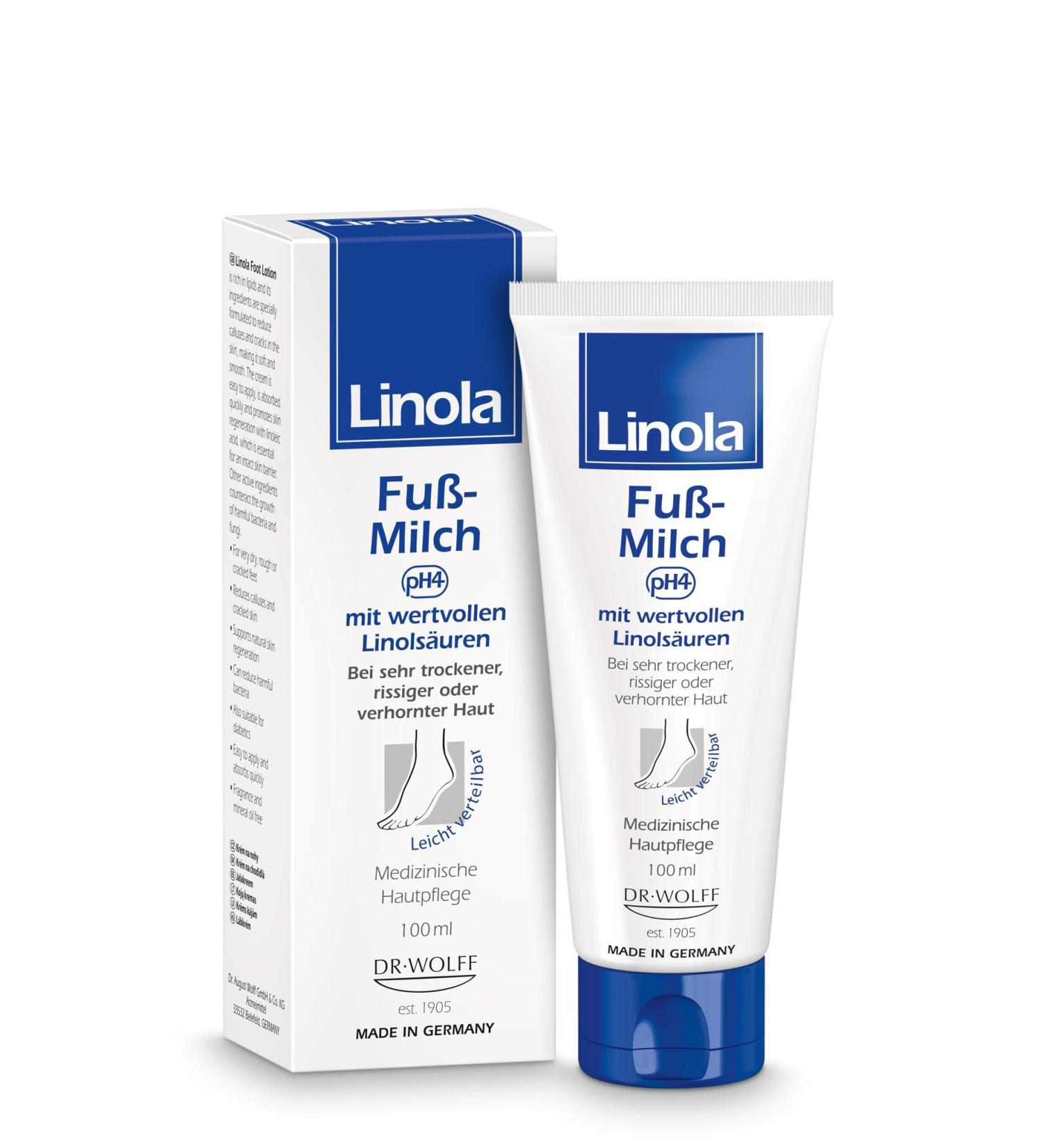 Linola Foot Milk - 100ml for Very Dry Cracked & Calloused Skin - Soothing Moisturizer for Feet | International Shipping Available - Buy Online on GoSupps.com