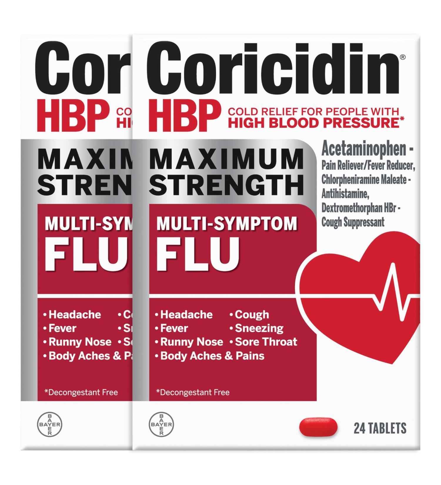 Coricidin HBP Multi-Symptom Relief Tablets - Decongestant-Free Flu Medicine for High Blood Pressure - 48 Count (2x24ct - Buy Online on GoSupps.com