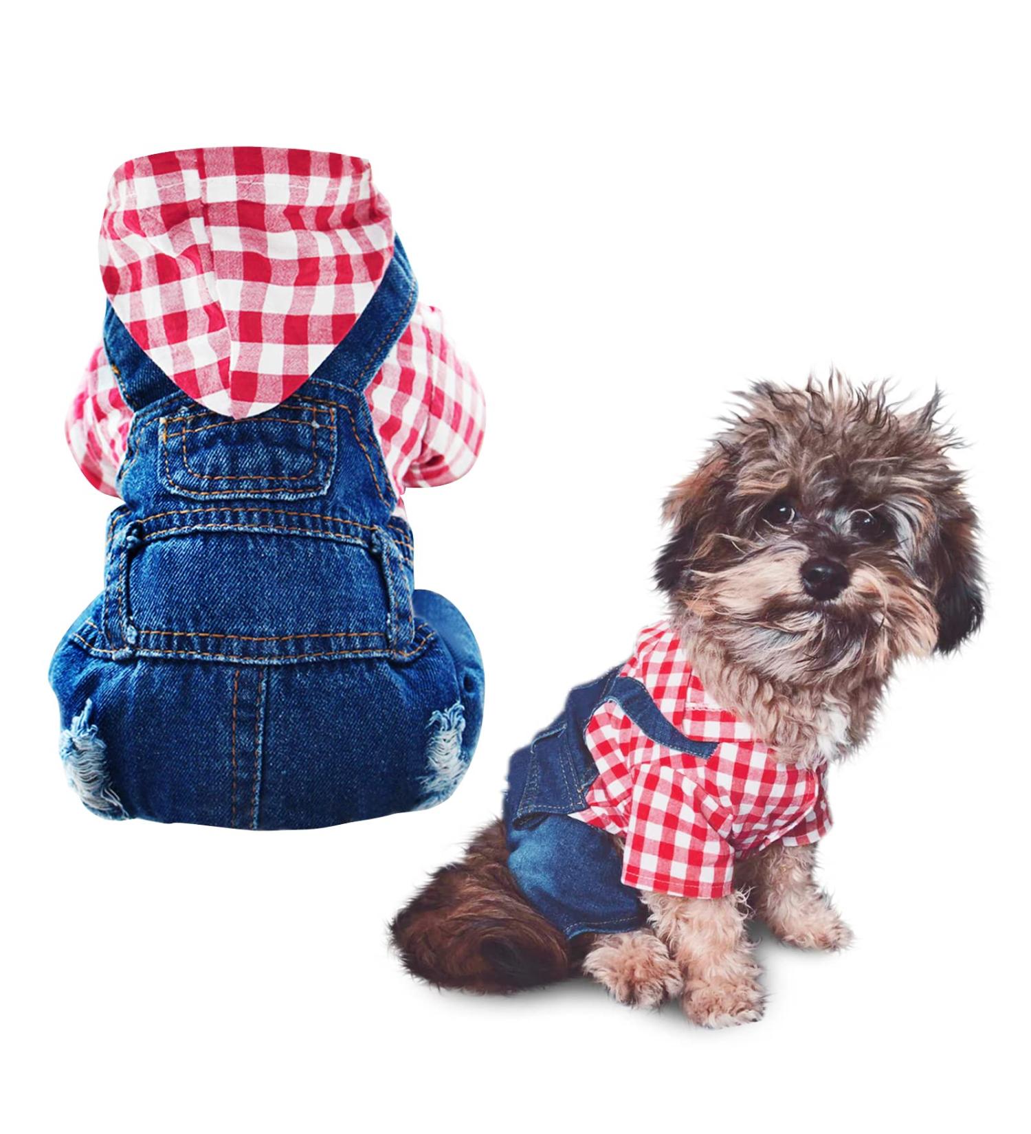 Denim Dog Jeans Hoodie Coat for Small to X-Large Pets - Red Plaid - Buy Online on GoSupps.com