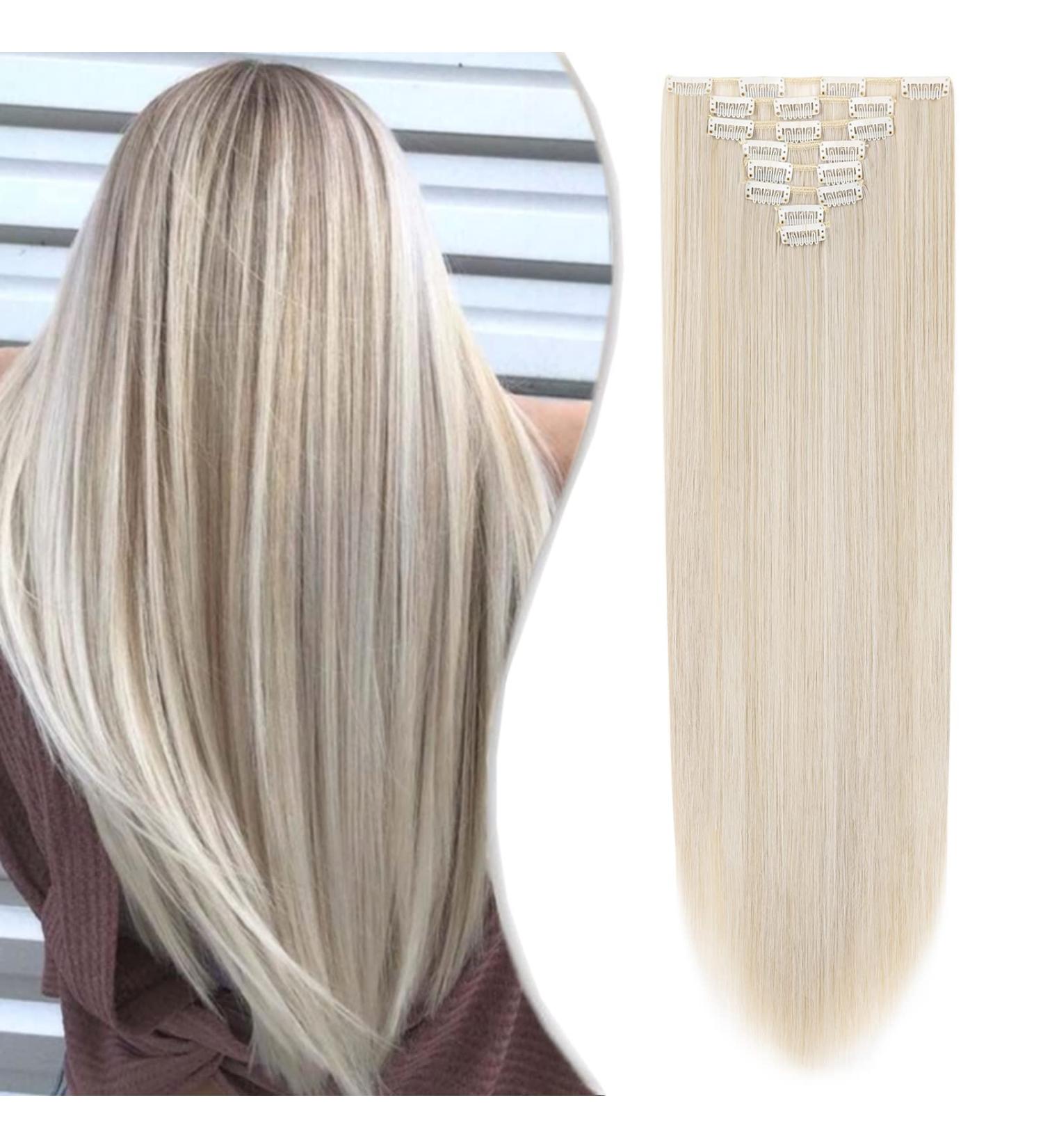 SEGO Clip In Hair Extensions 8 Part Set | 66cm Smooth Natural Ash Blonde & Silver Gray Mix | Premium Synthetic Hair - Buy Online on GoSupps.com