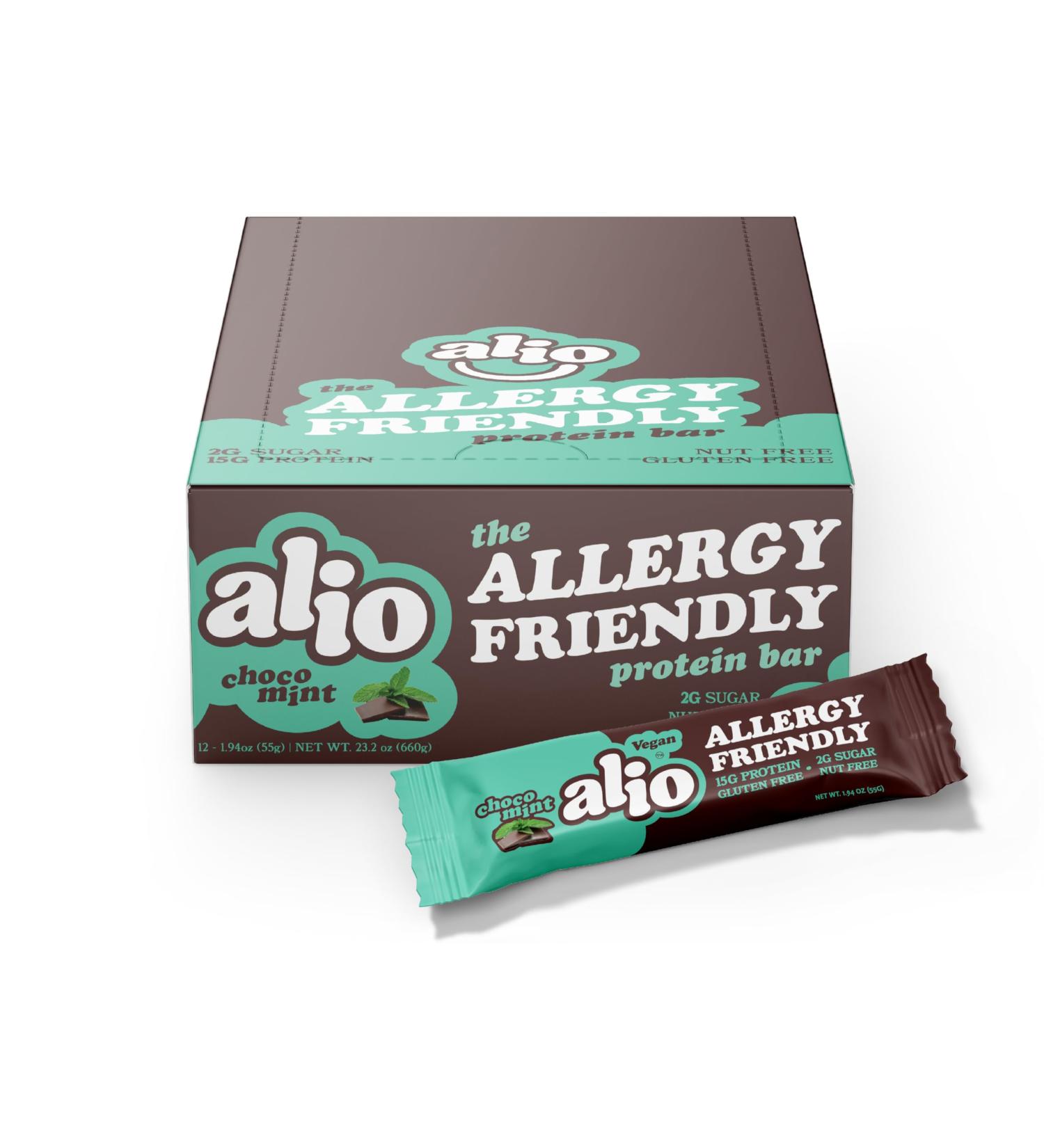 Alio Choco Mint Protein Bar - Allergen Free Vegan Gluten Free Nut Free Low Calorie - 12 Bars | Non-GMO Kosher Plant Based Snack - Buy Online on GoSupps.com