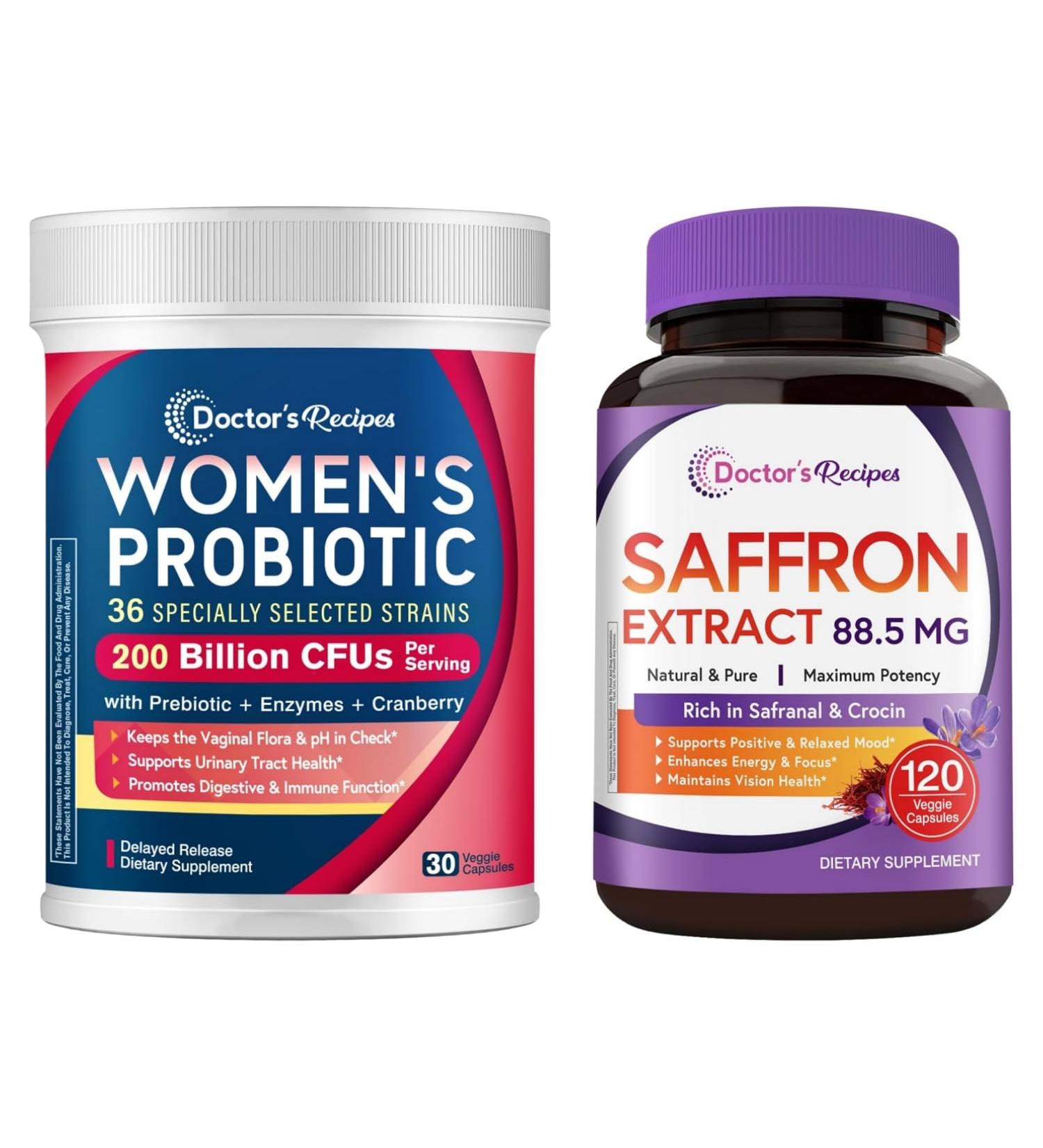 Doctor's Recipes Women s Probiotics + Saffron Bundle (Pack of 2) | 200B CFUs 36 Strains Probiotic (Item 1) & 88.5 mg Saffron Extract Supplement (Item 2) | 30 Capsules + 120 Capsules - Buy Online on GoSupps.com