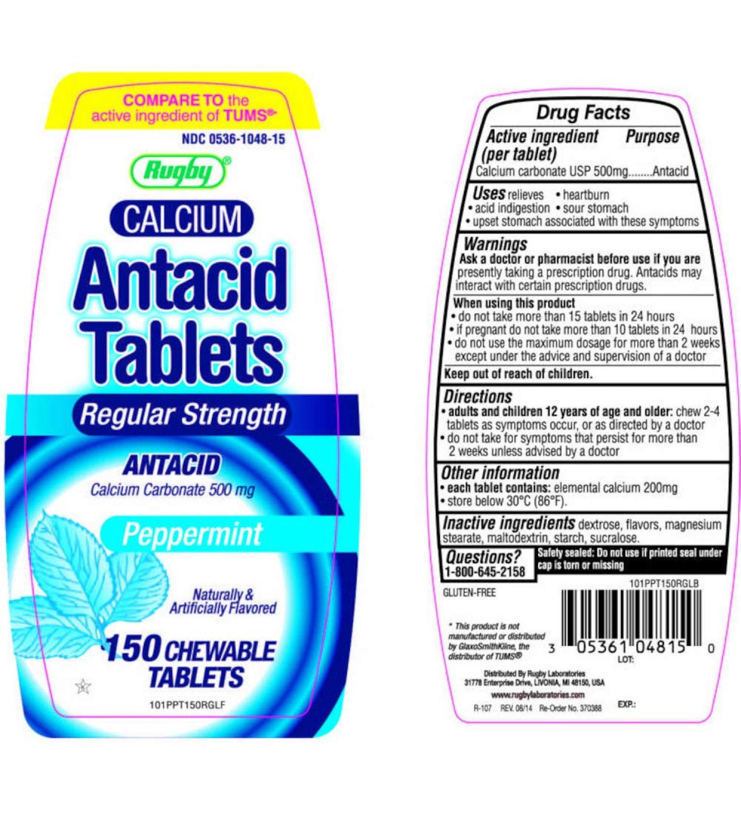 Rugby Calcium REG STR Antacid TAB Calcium CARBONATE-500 MG White 150 Tablets UPC 305361048150