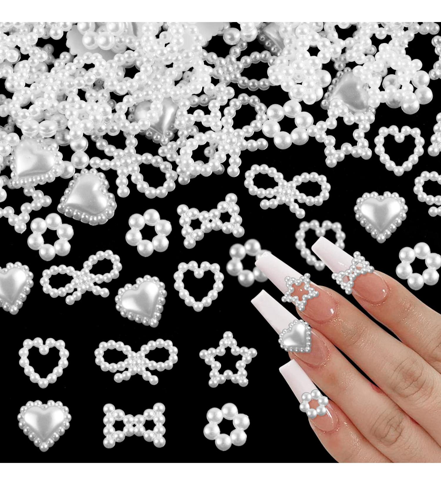 600 Pcs White Pearls 3D Nail Charms - Multi Shapes Heart Bowknot Star - Acrylic Beads for DIY Manicure & Jewelry - Buy Online on GoSupps.com