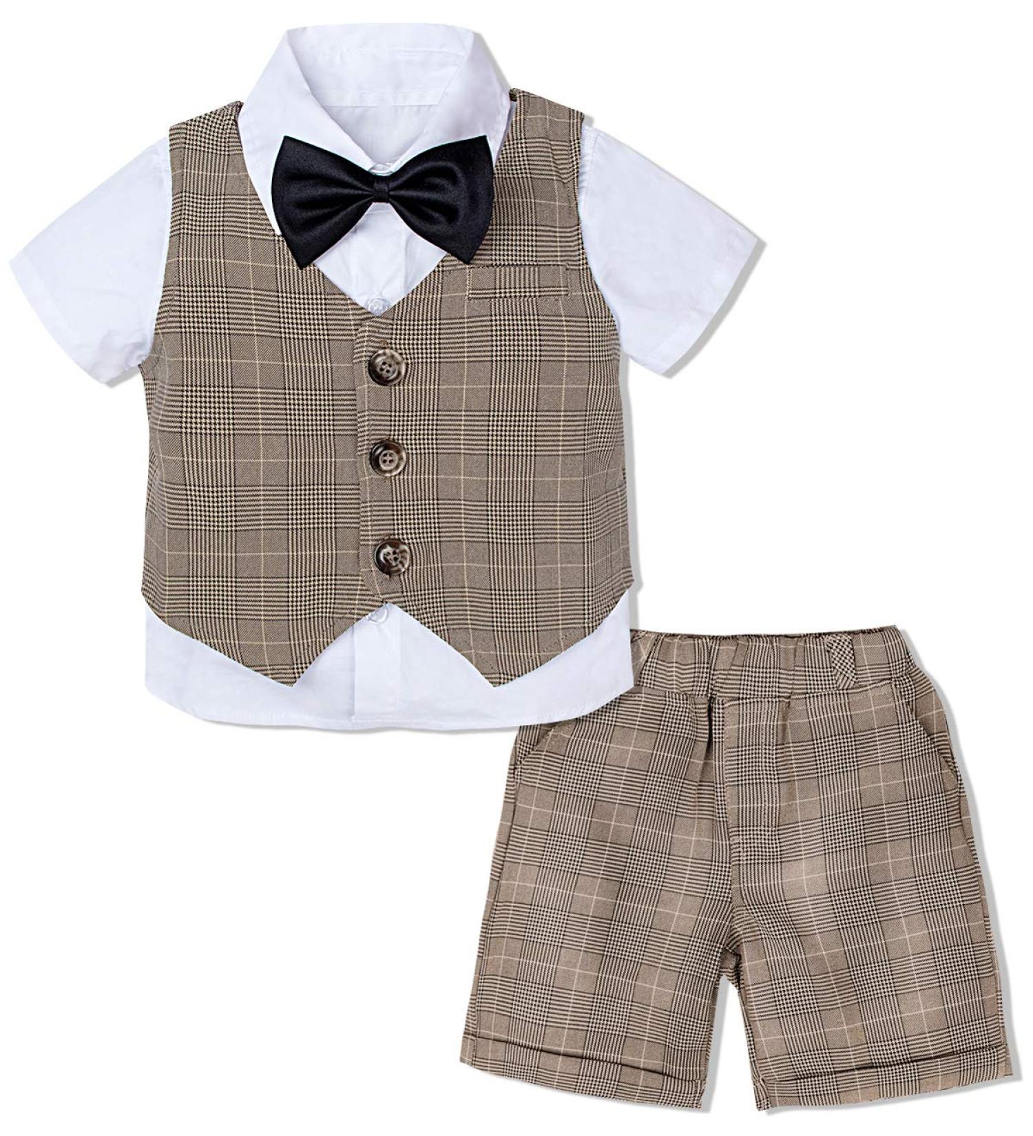 Mint Green Baby Boys Gentleman Suit Set | Shirt, Bowtie, Waistcoat & Shorts | Size 3-4 Years | Khaki Plaid - Buy Online on GoSupps.com