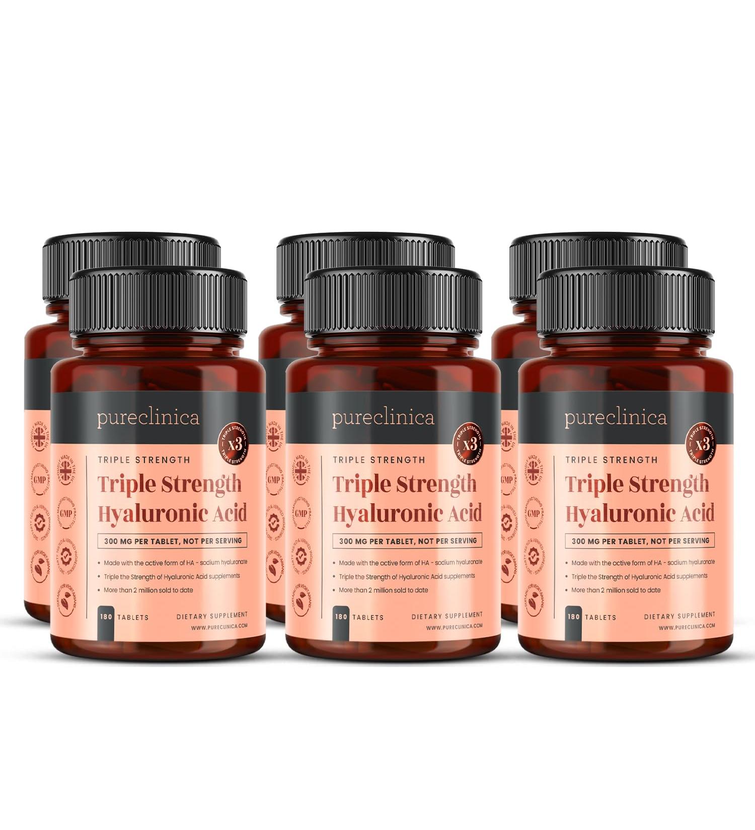  pureclinica Hyaluronic Acid 300 mg x 1080 tablets (3-year supply). Triple Strength Hyaluronic Acid. 300% stronger than other HLA tablets - Buy Online on GoSupps.com