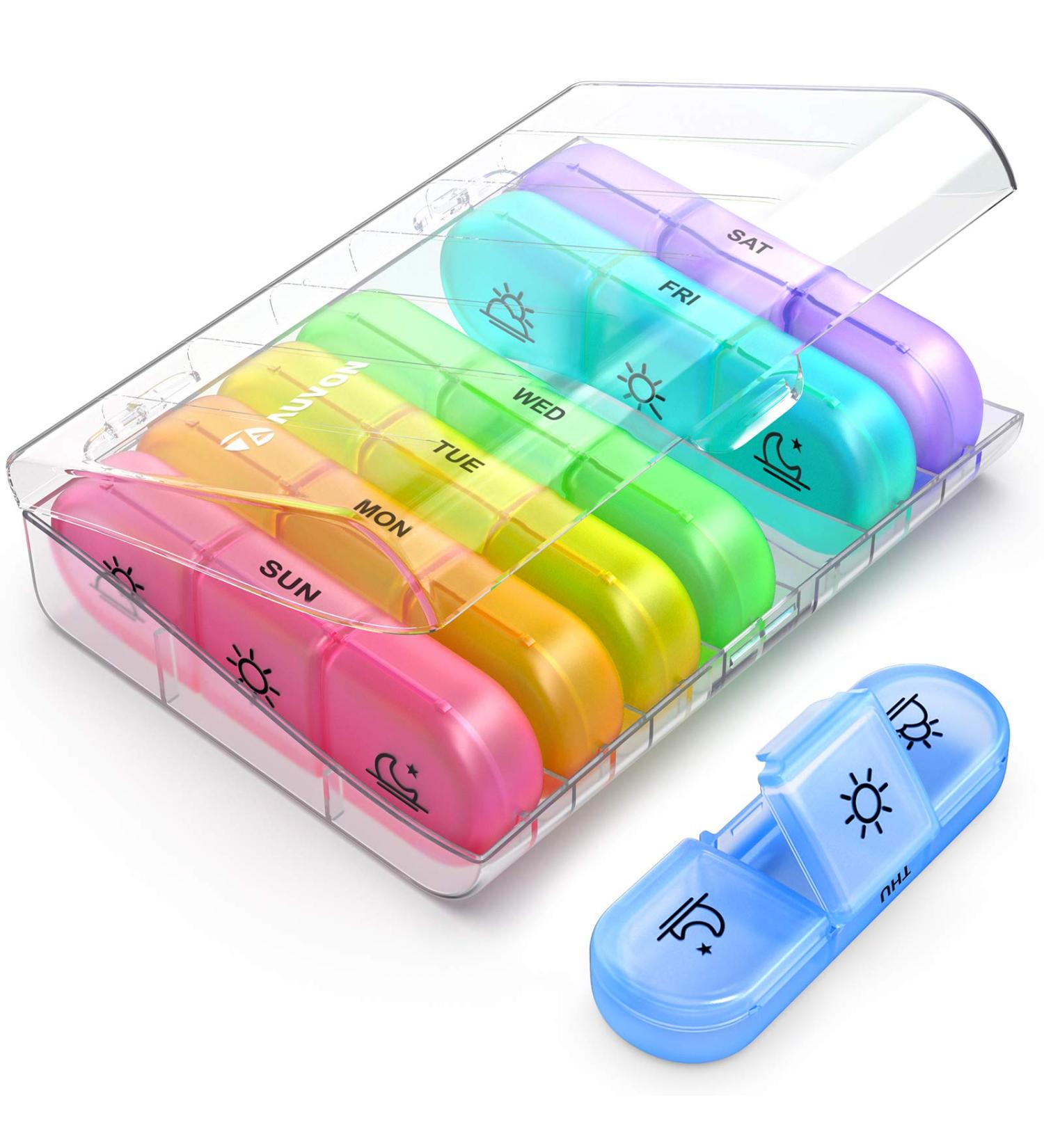 AUVON Weekly Pill Organizer 3-Times-A-Day | Portable 7 Day Pill Box Case | Large Separate Compartments for Medication, Vitamins, Fish Oil | Clear - Buy Online on GoSupps.com