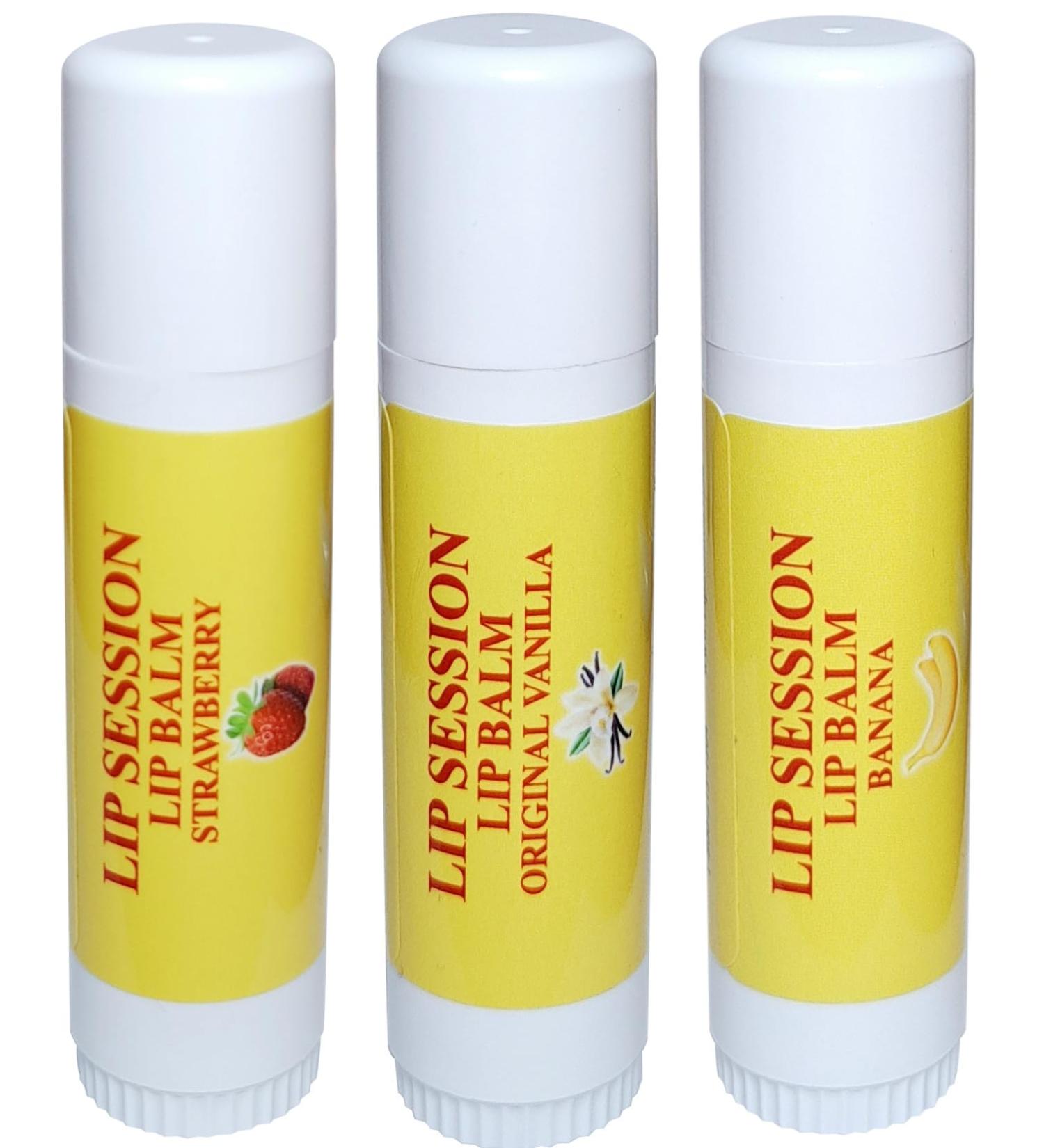 Lip Session Lip Balm Big Sticks Assorted Flavors Vanilla (Original) Strawberry & Banana - 3 Pack - 0.5 Oz. Each - With Vitamin E & Cocoa Butter - Moisturizes & Soothes Dry Cracked or Chapped Lips - Buy Online on GoSupps.com