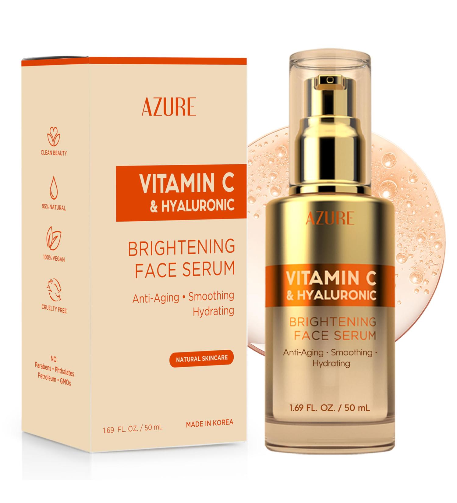 Azure Vitamin C Serum for Face with Hyaluronic Acid Hydrating & Revitalizing Formula For Dry, Dull, Aging Skin Dermatologist Tested, Anti-Aging, Korean Skin Care Vegan Clean Beauty 1.69 Fl Oz Vitamin C & Hyaluronic  - Buy Online on GoSupps.com