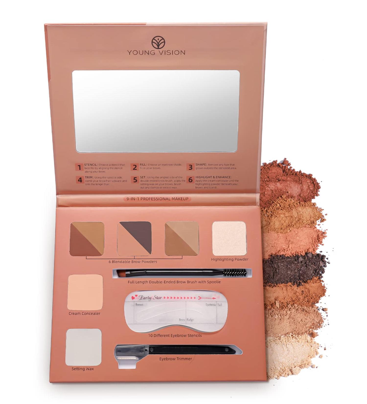 YOUNG VISION Eyebrow Palette - 6 Colors with Stencils, Highlighter, Concealer, Wax, Trimmer, and Brush & Spoolie Duo - Buy Online on GoSupps.com