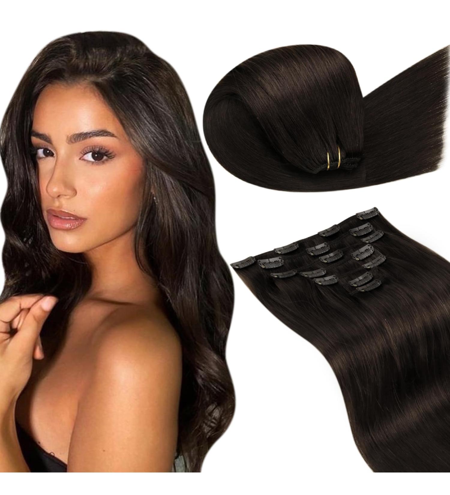Shop Laavoo Dark Brown Real Hair Extensions - 50cm Clip In Remy 7PCs 105g for Effortless Volume - Buy Online on GoSupps.com