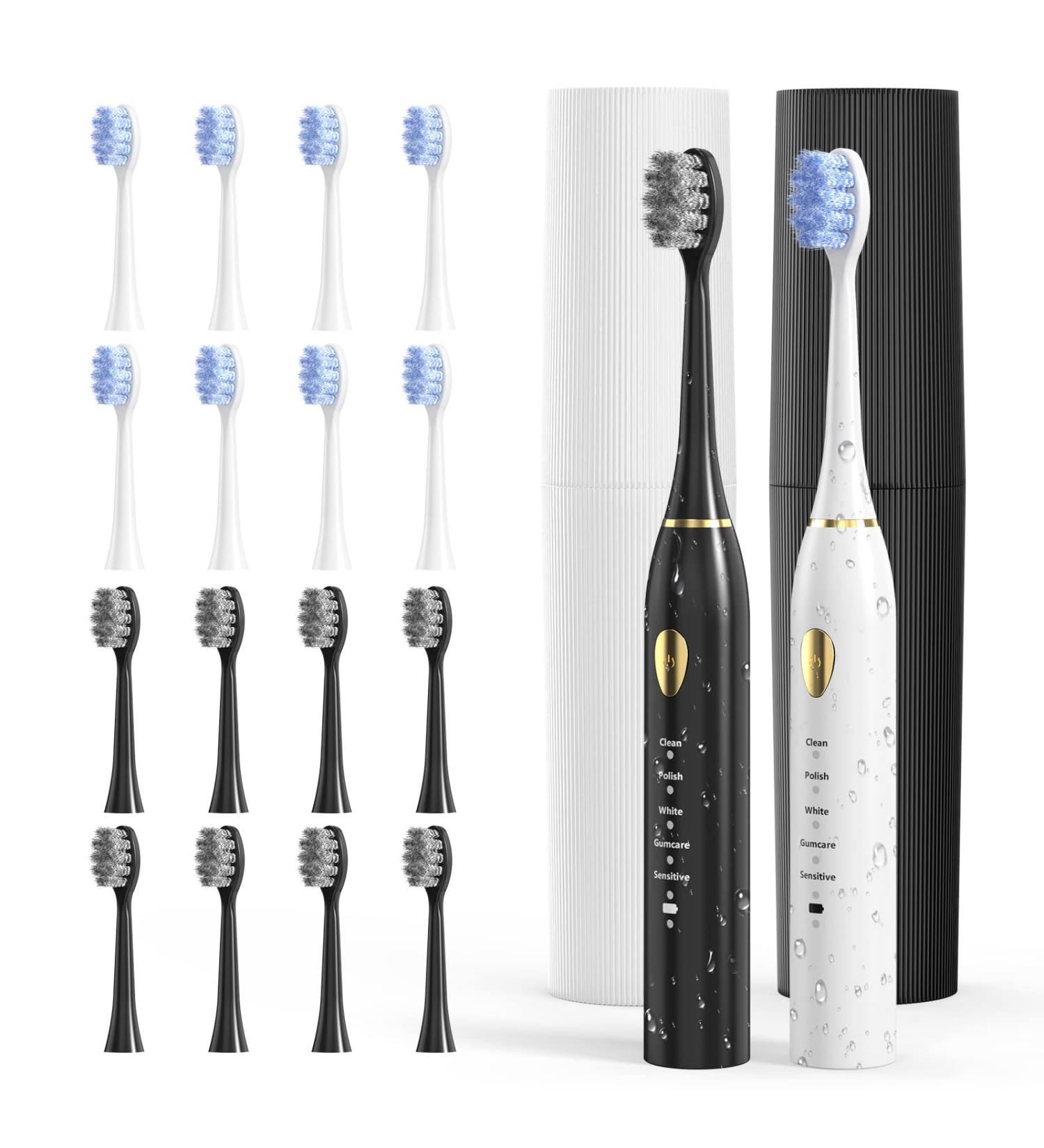 Moroluru Electric Toothbrush Duo Set - 5 Modes, Smart Timer, 16 Brush Heads, 2 Travel Cases, IPX7 Waterproof - Black & White - Buy Online on GoSupps.com