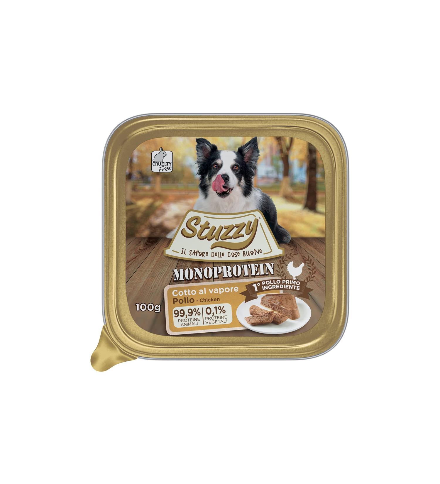 Stuzzy Monoprotein Grain & Gluten Free Wet Food for Adult Dogs with Chicken Flavor Prepared in P t - Total 3.2 kg (32 tubs of 100 G) - Buy Online on GoSupps.com