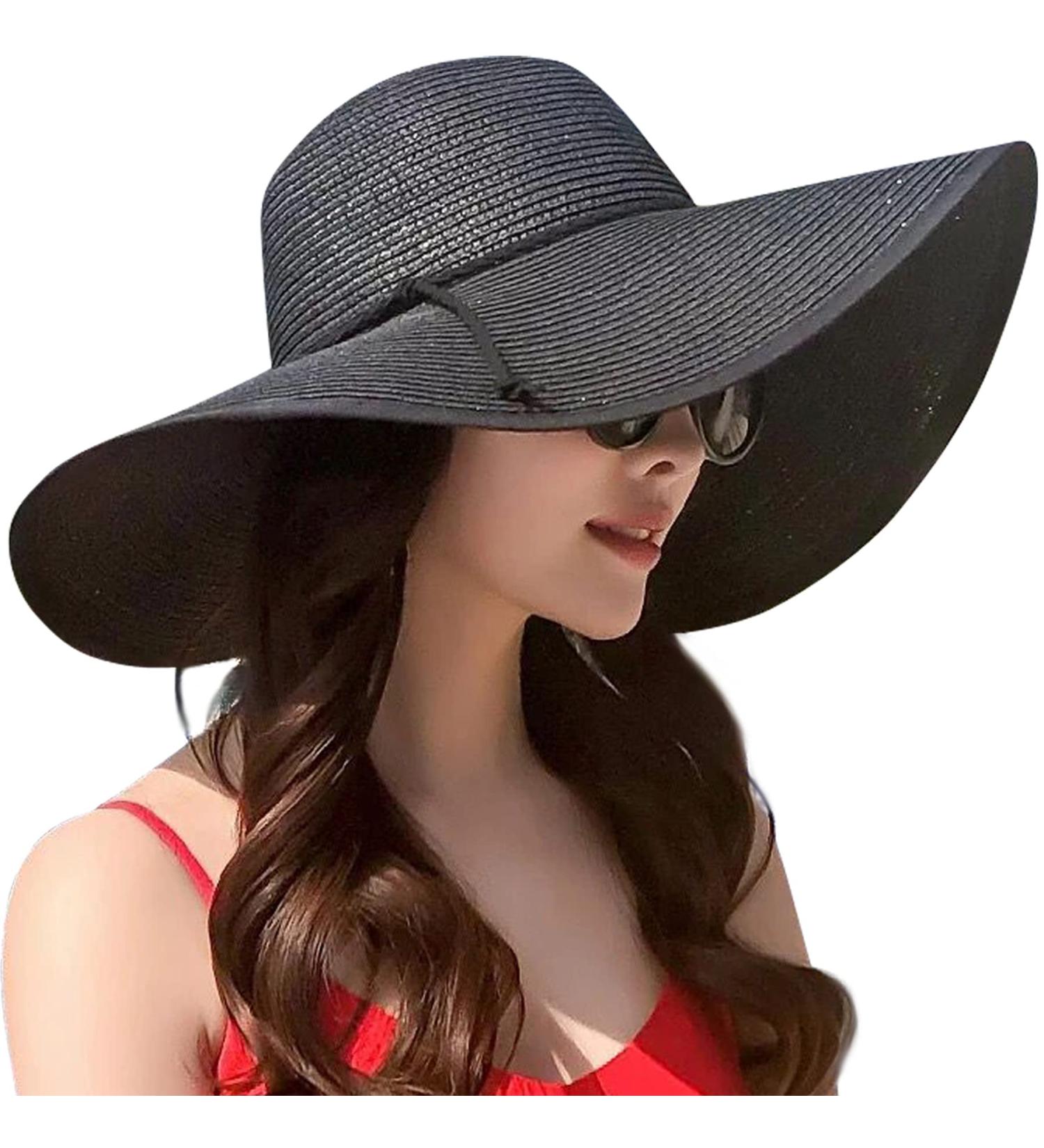 Lanzom Women's Wide Brim Straw Beach Sun Hat - UPF 50+ Twine Black | Foldable & Roll-Up Cap - One Size - Buy Online on GoSupps.com