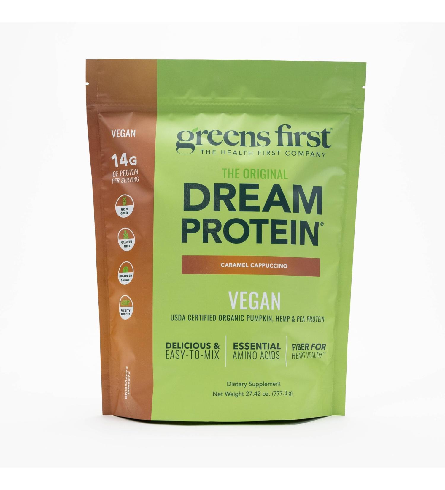 Greens First Dream Protein Plant-Based Vegan Powder - USDA Organic Pumpkin Hemp & Pea Protein - Gluten-Free Non-GMO No Added Sugar (Caramel Cappuccino 27.42 oz) - Buy Online on GoSupps.com