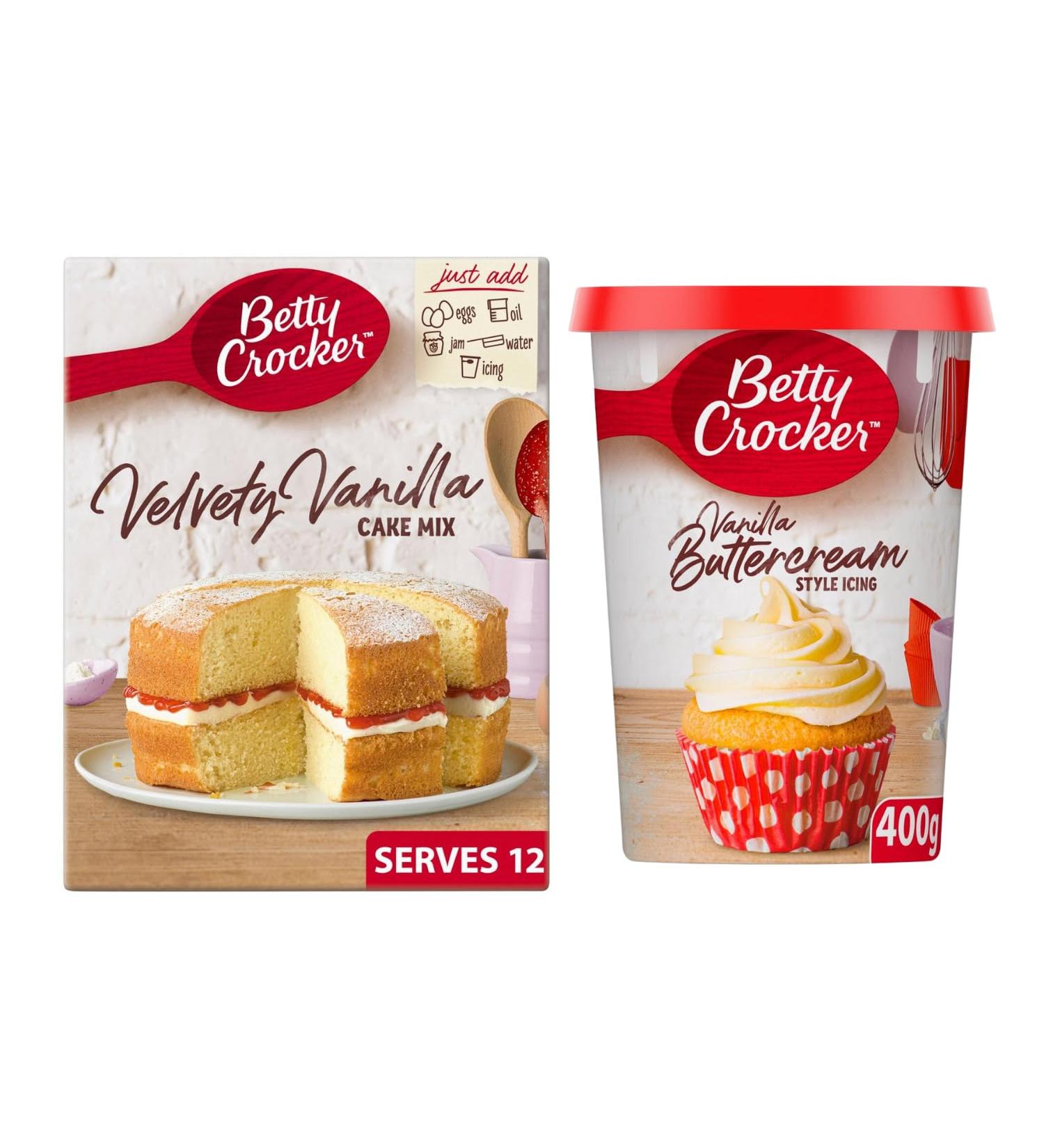 Betty Crocker Velvety Vanilla Cake Mix 425g with Betty Crocker Vanilla Buttercream Style Icing 400g - Buy Online on GoSupps.com