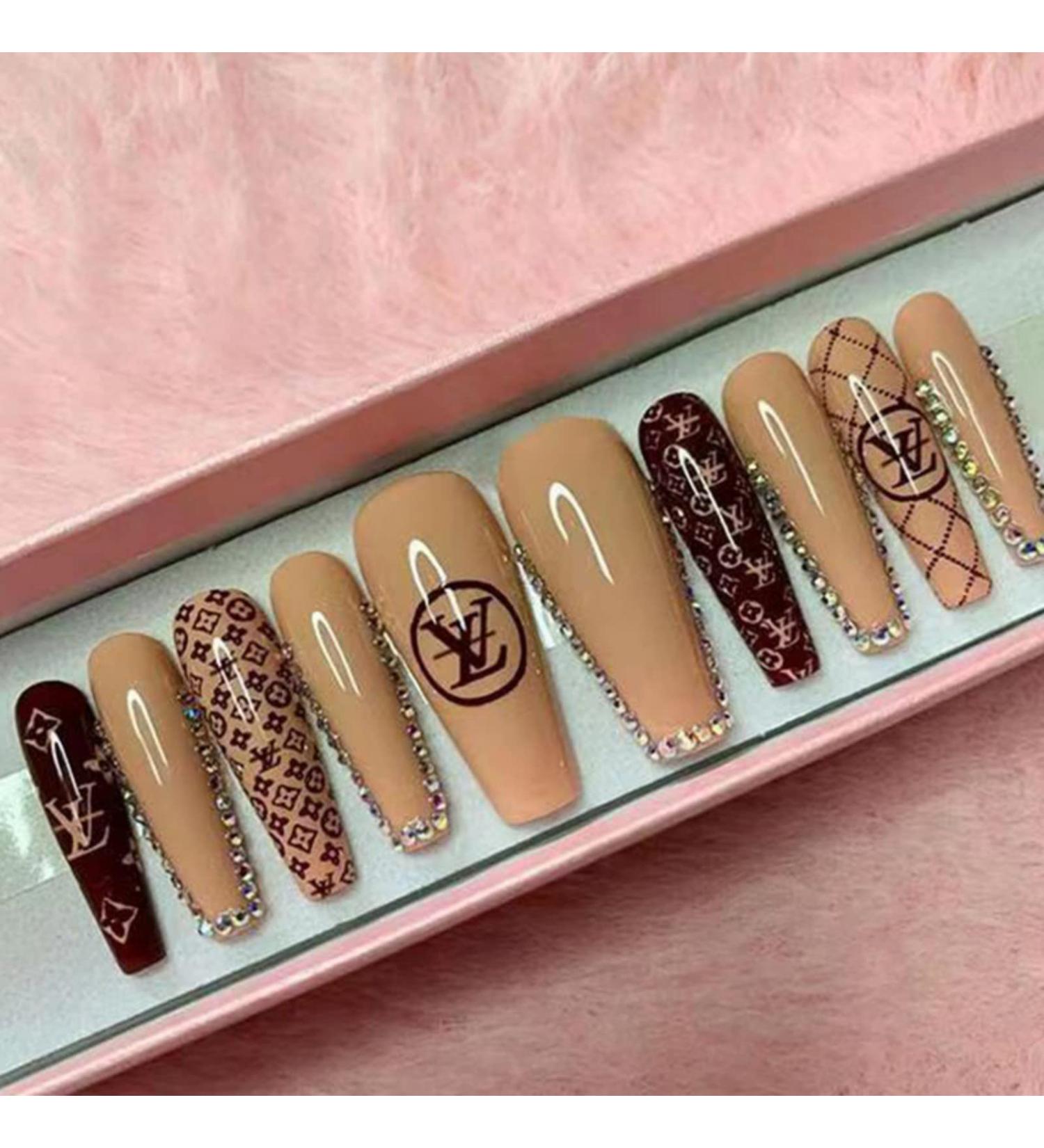 JUSTOTRY 24 Pcs Brown French Press On Nails with Diamond - Long Ballerina Stick On Nails for Women - Acrylic Coffin Fake Nails Medium - Nail Art Glue Included - Buy Online on GoSupps.com