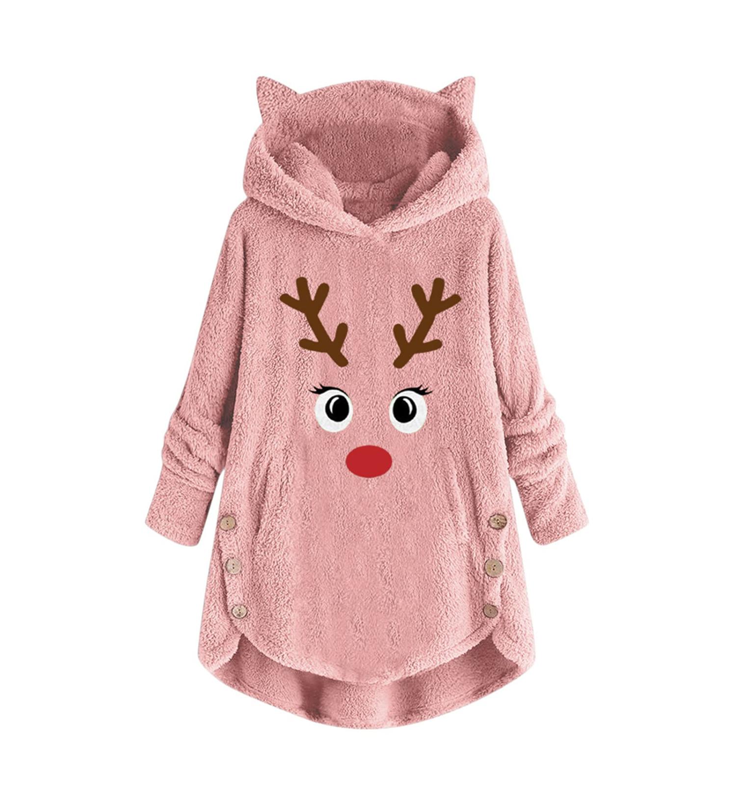 Womens Christmas Hoodie: Cute Printed Pocket Pullover Coat in Medium Pink - Buy Online on GoSupps.com