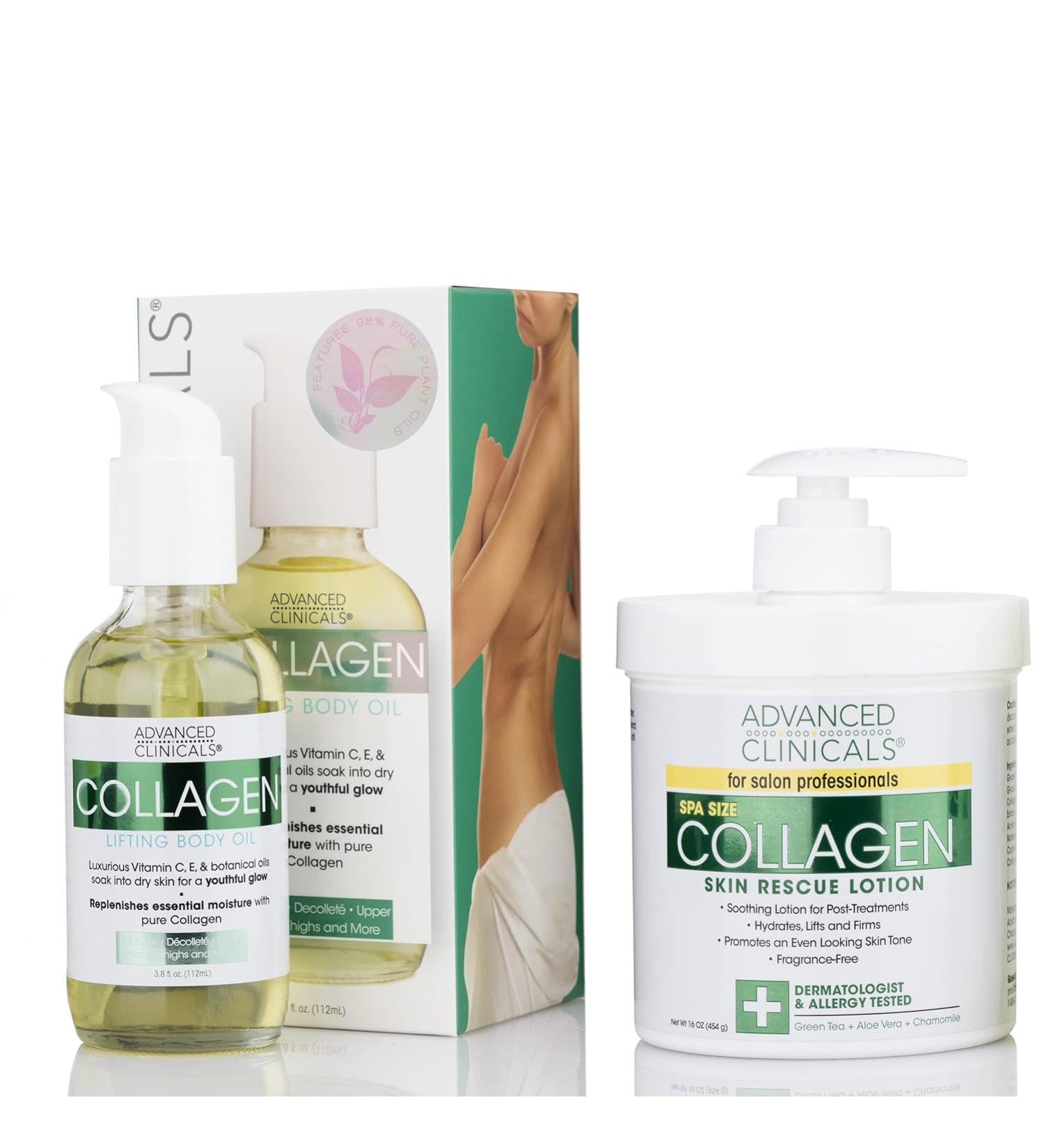 Collagen Body Cream Moisturizer Lotion Advanced Clinicals & Collagen Body Oil Skin Care Hydrating Skin Care Set To Reduce Crepey Skin & Stretch Marks - Pack Of 2 - Buy Online on GoSupps.com