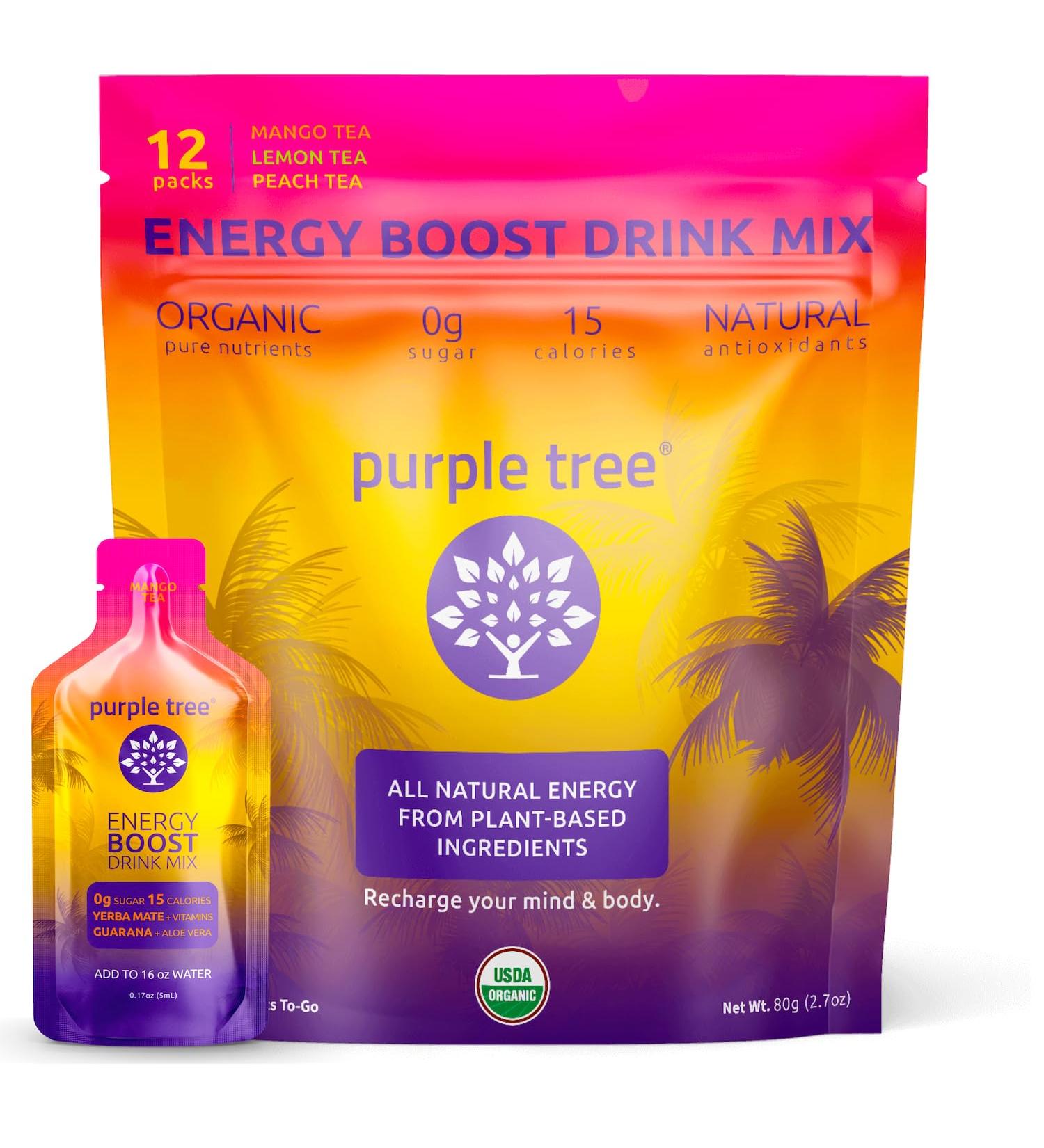 Purple Tree Organic Energy Stick Packets - Zero Sugar B12 Vitamins Lemon Ice Tea Flavor 80mg Caffeine from Yerba Mate & Guarana | 12 To-Go Packs - International Shipping Available - Buy Online on GoSupps.com