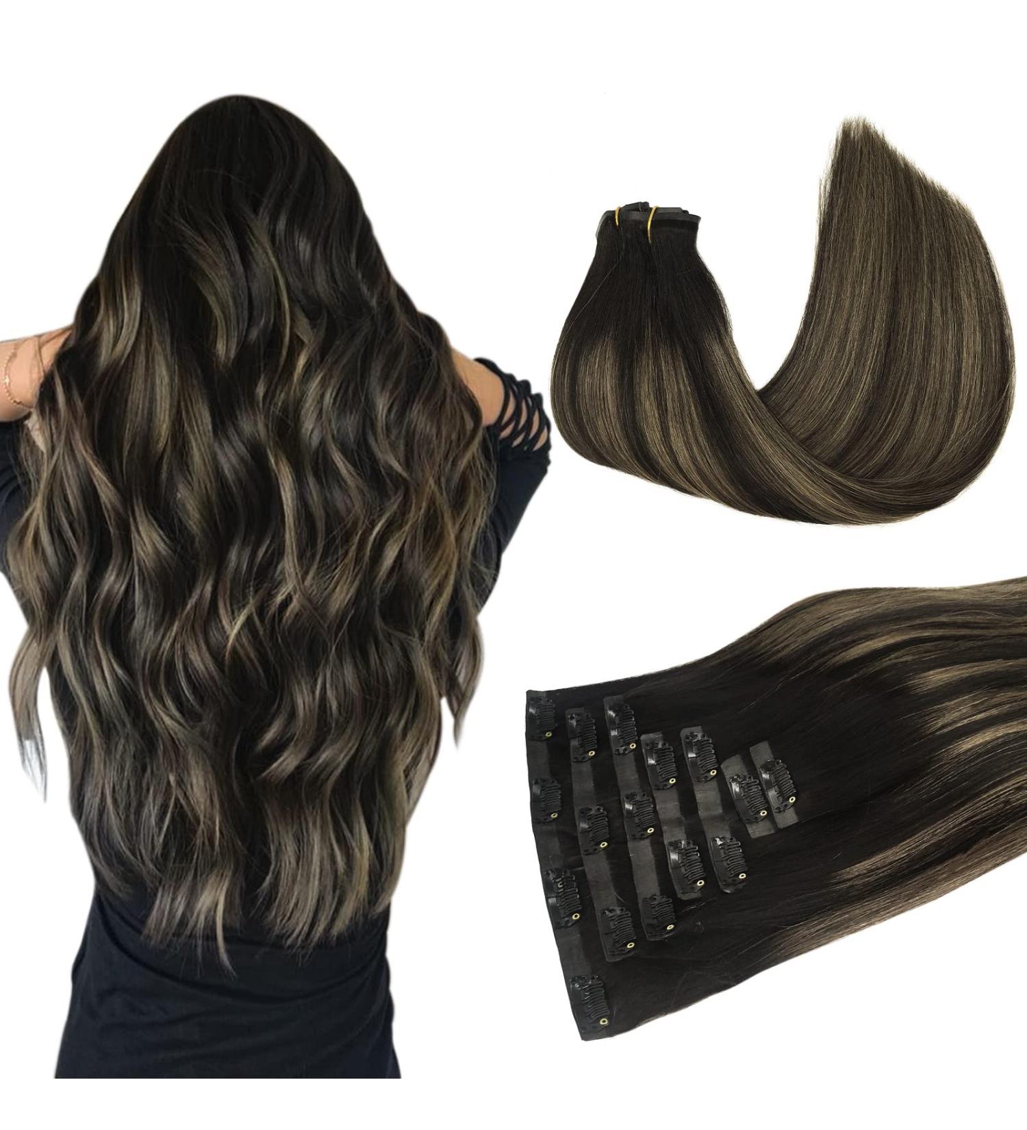 Doores Clip-In Extensions | Real Balayage Human Hair - Natural Black to Chestnut Brown 14 Inch 35cm 7 Pieces 110g Remy Seamless Hair Extensions - Buy Online on GoSupps.com