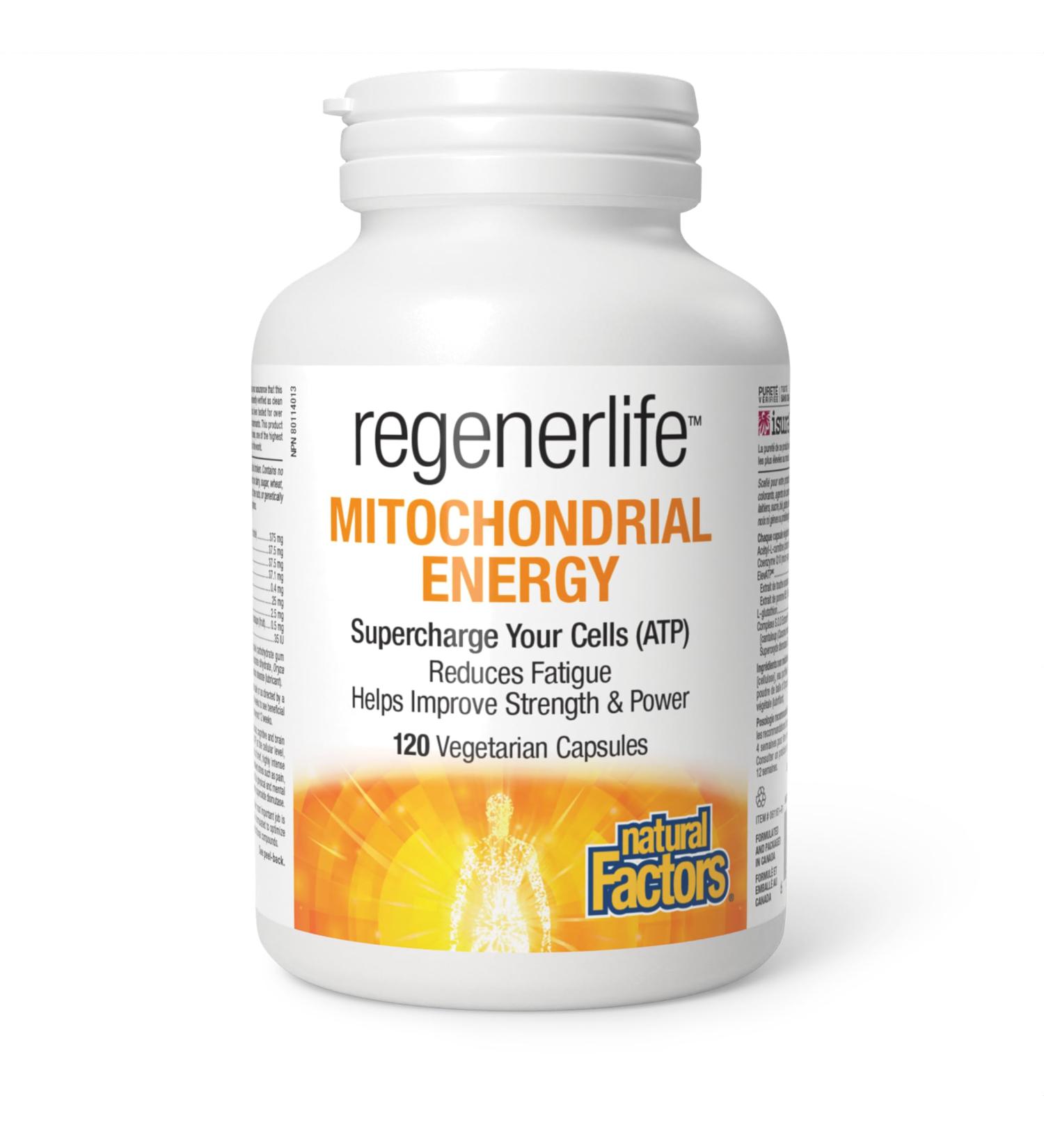 Natural Factors Regenerlife Mitochondrial Energy 120 vegetarian capsules Helps Increase Energy Production (ATP) at the Cellular Level Reduces Fatigue Contributes to Brain Muscle & Hearth Health Includes: Acetyl-L-Carnitine Coenzyme Q10 L-Glutathione - Buy Online on GoSupps.com