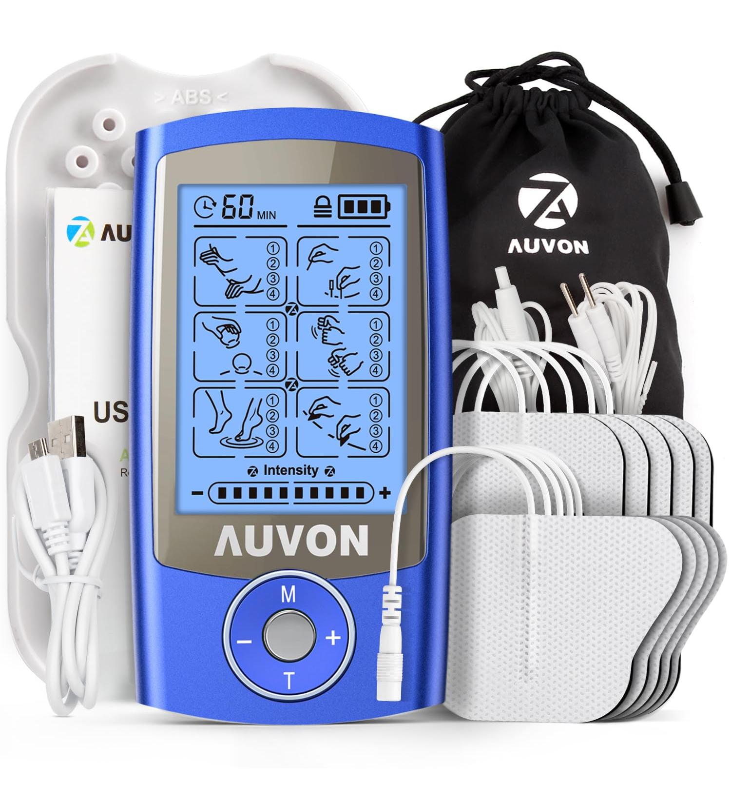 Auvon TENS Device - Rechargeable Pain Relief Stimulator | 24 Programs 2 Channels 10 Premium Electrode Pads (Blue) - Buy Online on GoSupps.com