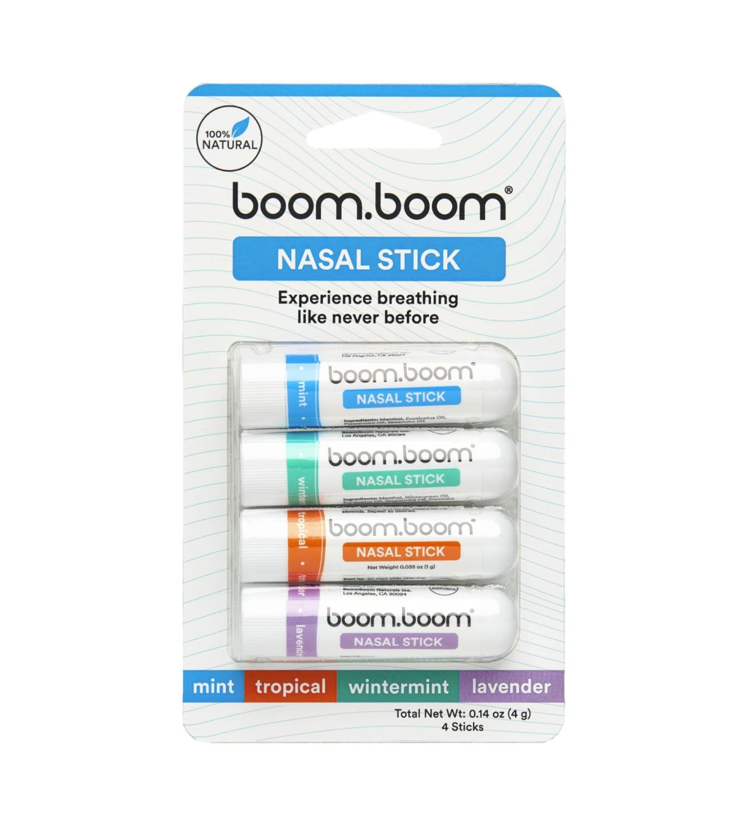 Boom Boom Nasal Stick (4 Pack) - Enhance Focus & Breathing | Aromatherapy Inhaler with Essential Oils + Menthol (Mint, Wintermint, Lavender) | Fresh Cooling Sensation - Buy Online on GoSupps.com