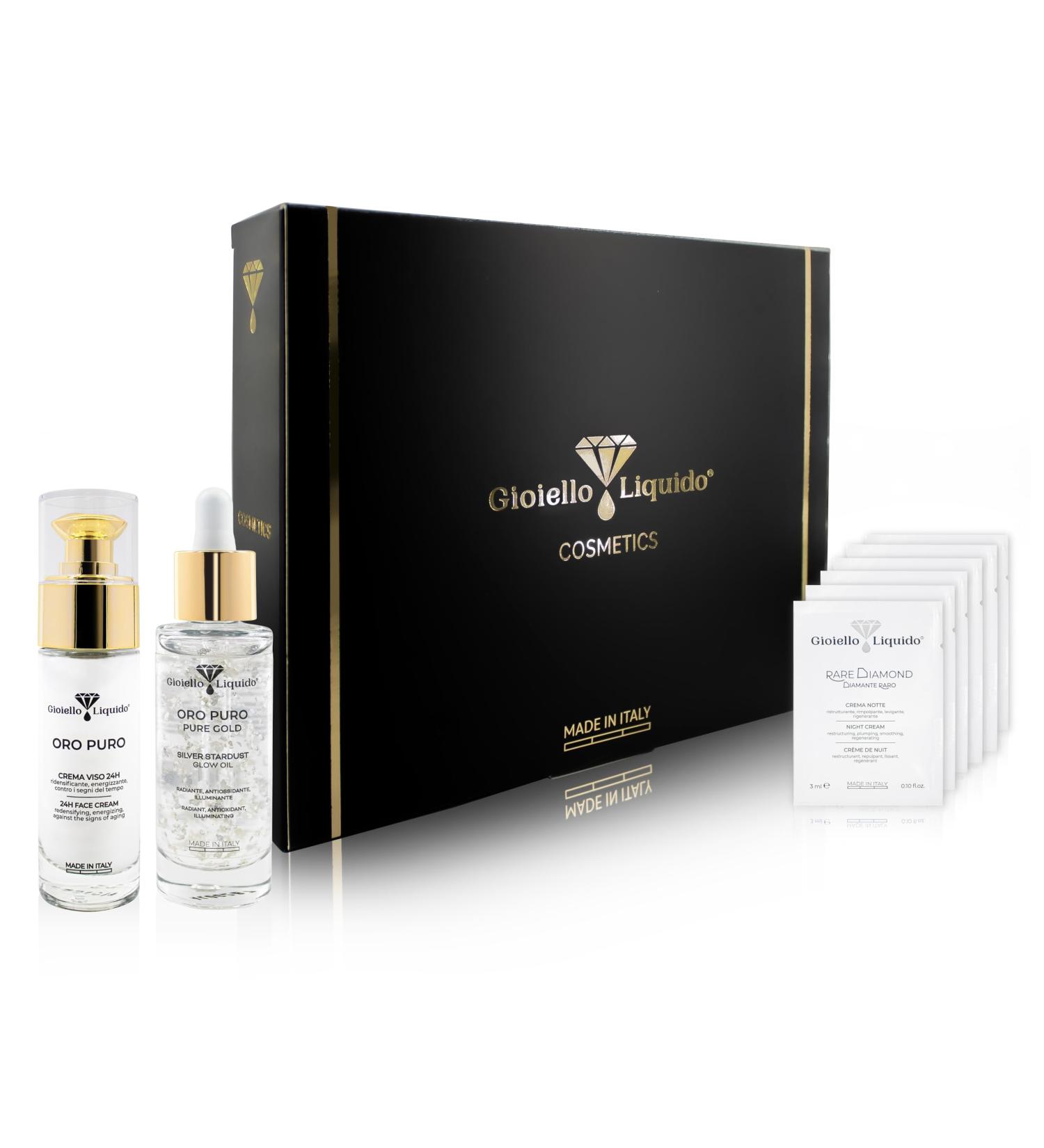 Elastic Gift Box (B04) 1 Face Cream with Colloidal Gold X50 anti-aging + 1 Face Oil with Pure Silver and Concentrated Oils Diplomas birthday Christmas gift Gioiello Liquido - Buy Online on GoSupps.com