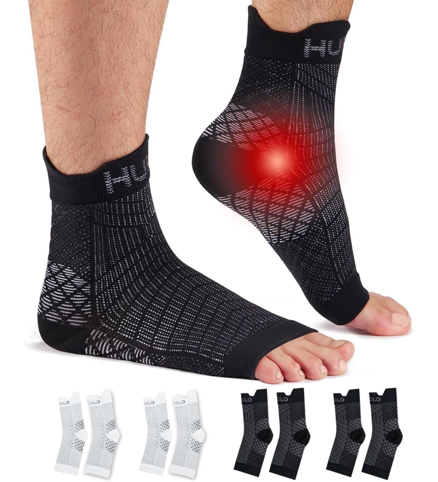 HUEGLO Plantar Fasciitis Compression Socks for Men and Women - Ankle Support Brace for Pain Relief - 4 Pairs (2 Black + 2 White) XL - Buy Online on GoSupps.com