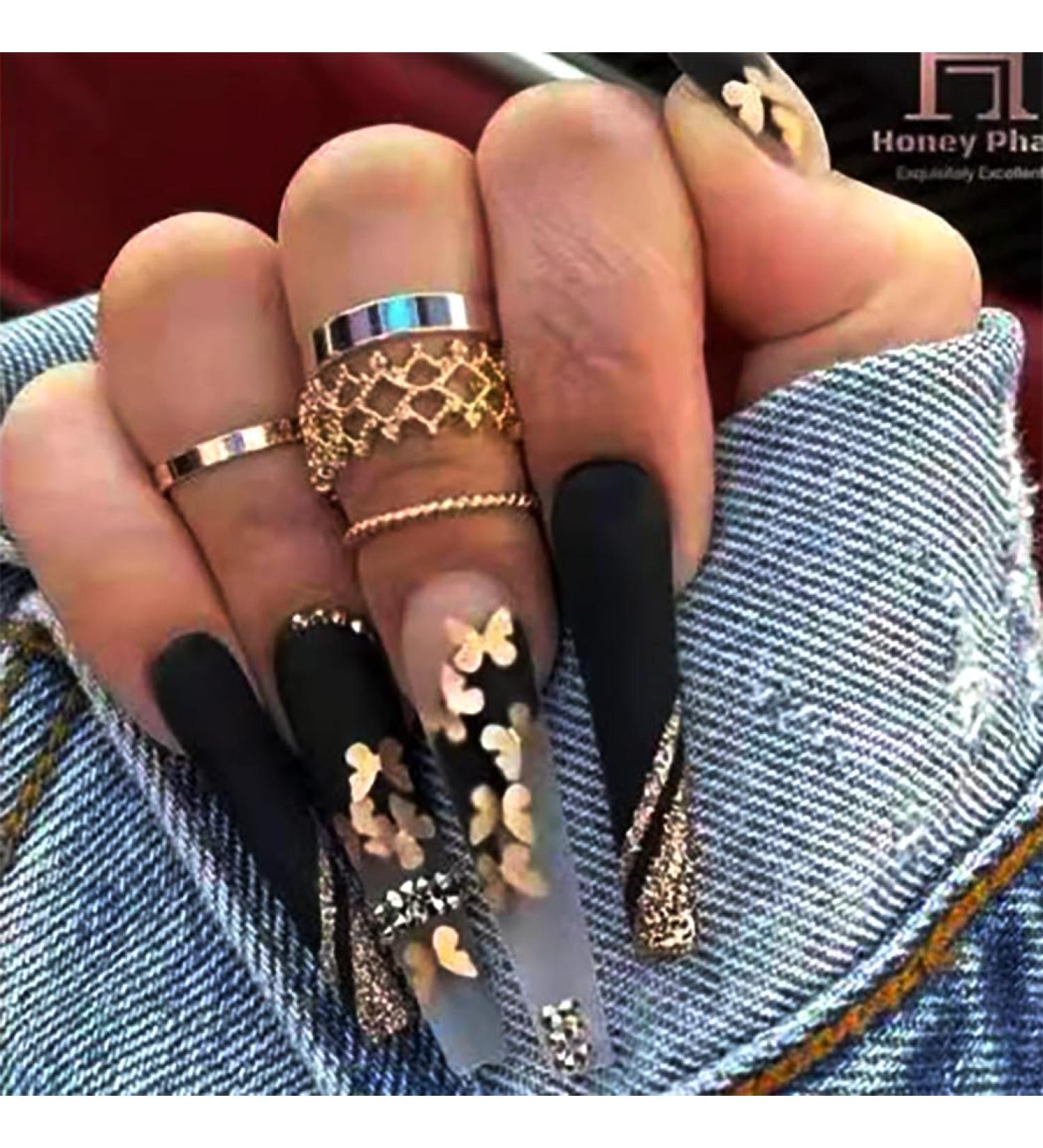 Brishow Black Long Artificial Nails with Gold Butterfly - 24 Ballerina Press-On Acrylic Nails for Women & Girls - Buy Online on GoSupps.com