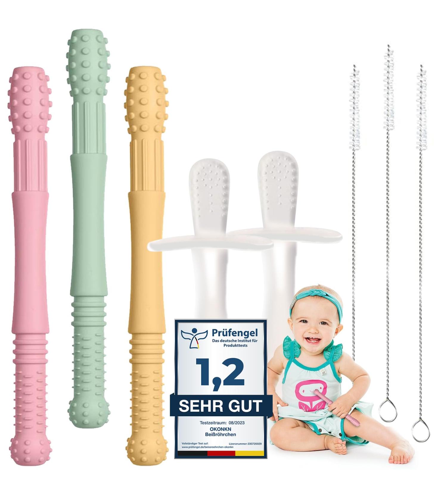 Teething Tube Set - BPA-Free Silicone Teething Aid & Ring - US-CPC Approved Baby Grasping Toy (3 Pieces + 2 Pacifiers) - Buy Online on GoSupps.com