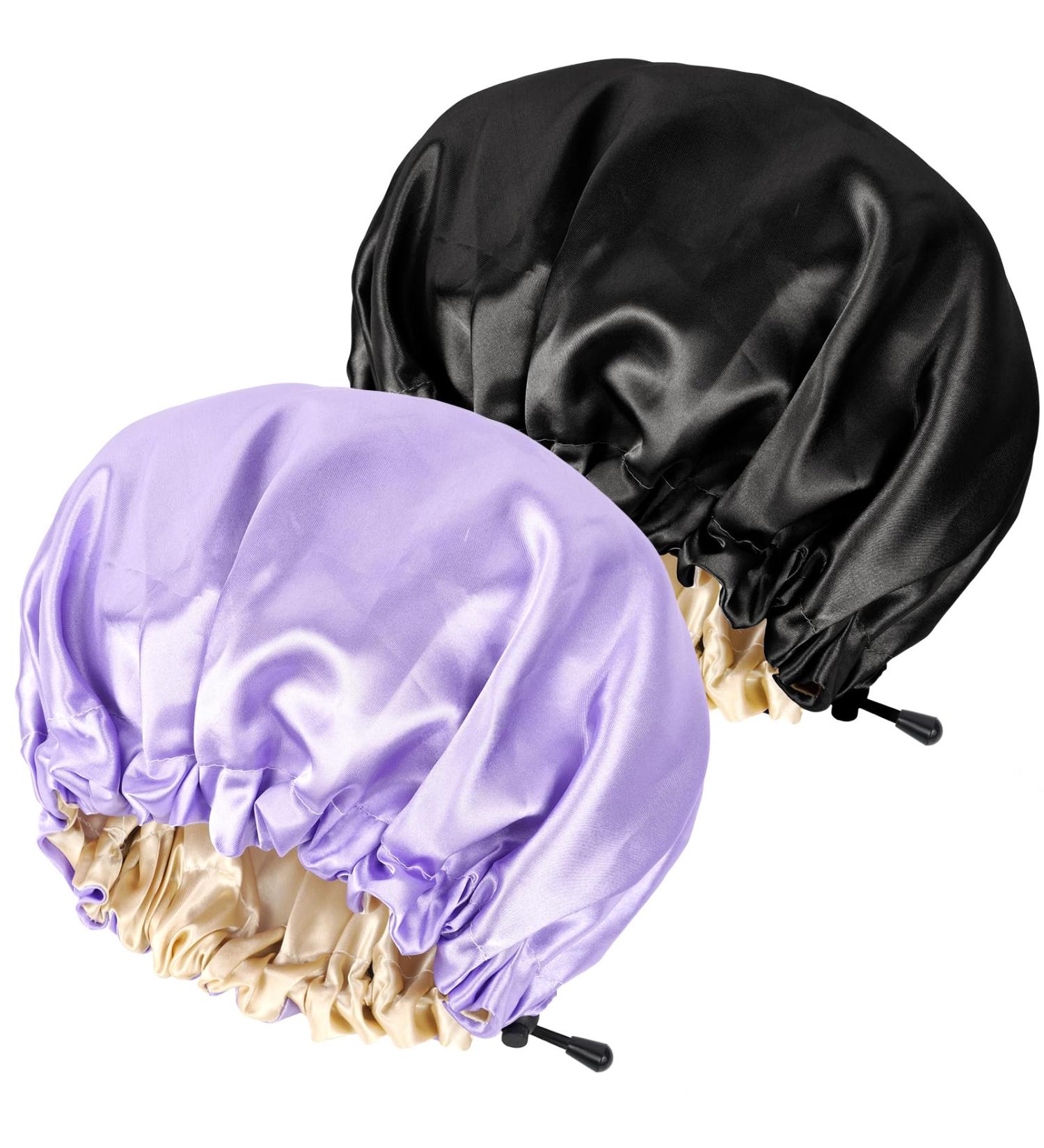 Ranphykx 2PCS Satin Sleep Cap Set | Adjustable Double-Sided Bonnet Cap for Sleep - Black & Purple | M-XL Size - Buy Online on GoSupps.com