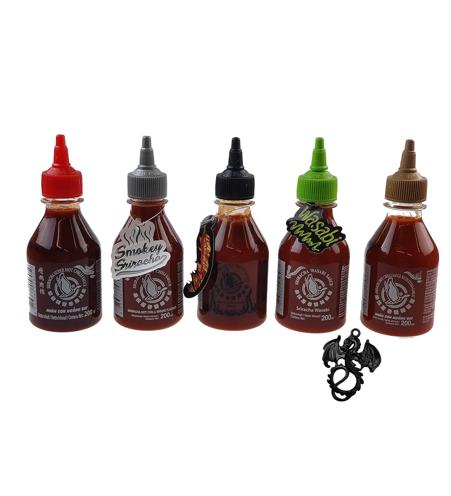 Flying Goose 5piece set Sriracha chili sauce different types 5 x 200 ml + esnado dragon pendant - Buy Online on GoSupps.com