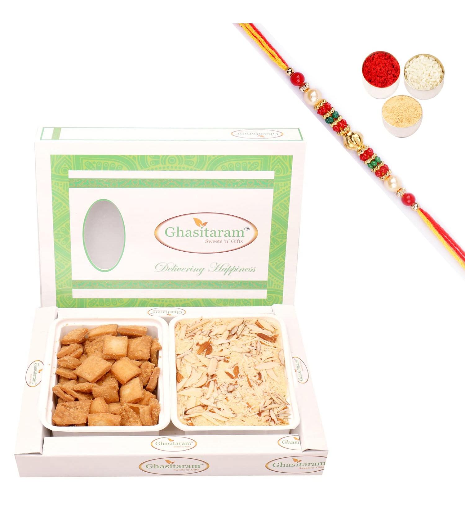 Ghasitaram Gifts Rakhi Gifts for Brothers Rakhi Sweets - Shakar Pada and Soan Papdi Hamper with Pearl Beads Rakhi Shakar Pada and Soan Papdi Hamper with Rakhi - Buy Online on GoSupps.com