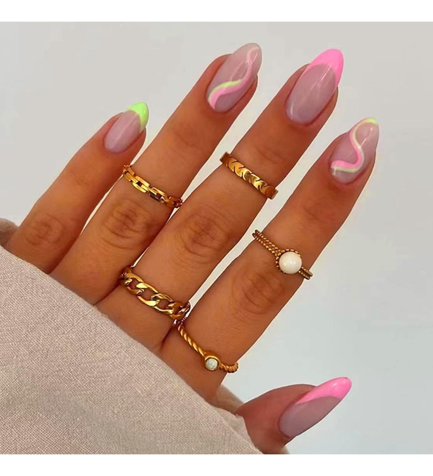 24Pcs Short Pink Swirl Oval Acrylic French Press on Nails - Glossy Fake Nails with Cute Designs for Women - Buy Online on GoSupps.com