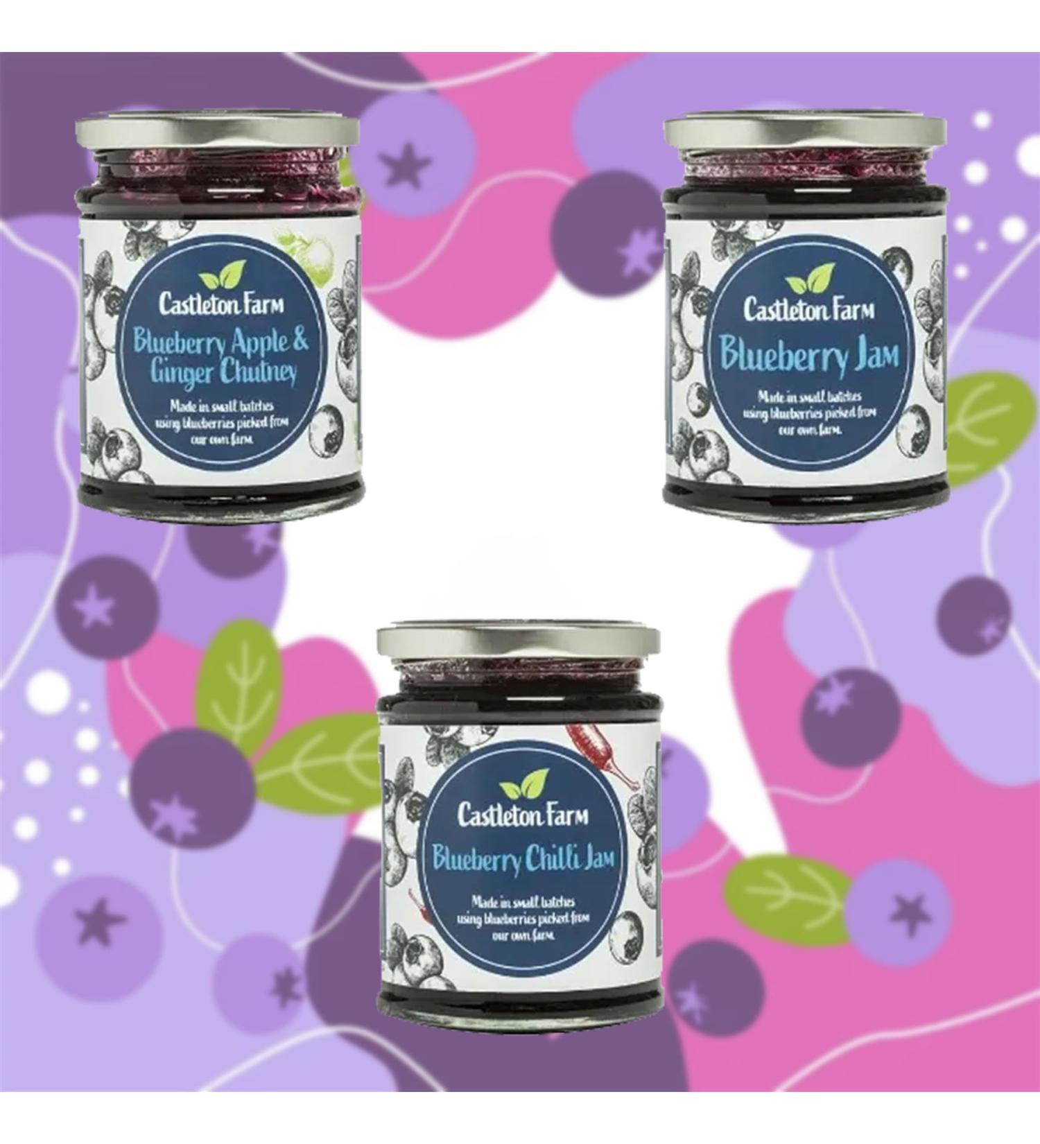 Castleton Farm Jam Chutney Pick N Mix - Choose From 3 Flavours | Blueberry Apple & Ginger Blueberry-Jam Blueberry Chilli-Jam - Pack of 3 X 180g - Buy Online on GoSupps.com