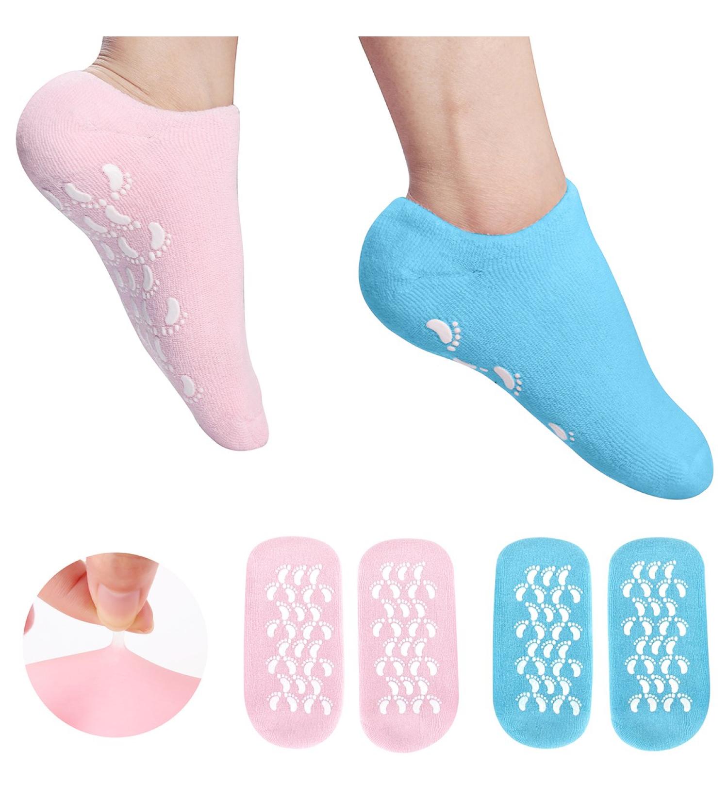 Moisturizing Socks with Heel Gel | Callus Treatment Spa Socks - 2 Pairs of Soft Silicone Cotton Gel Sleeves for Cracked Feet - Blue & Pink - Buy Online on GoSupps.com