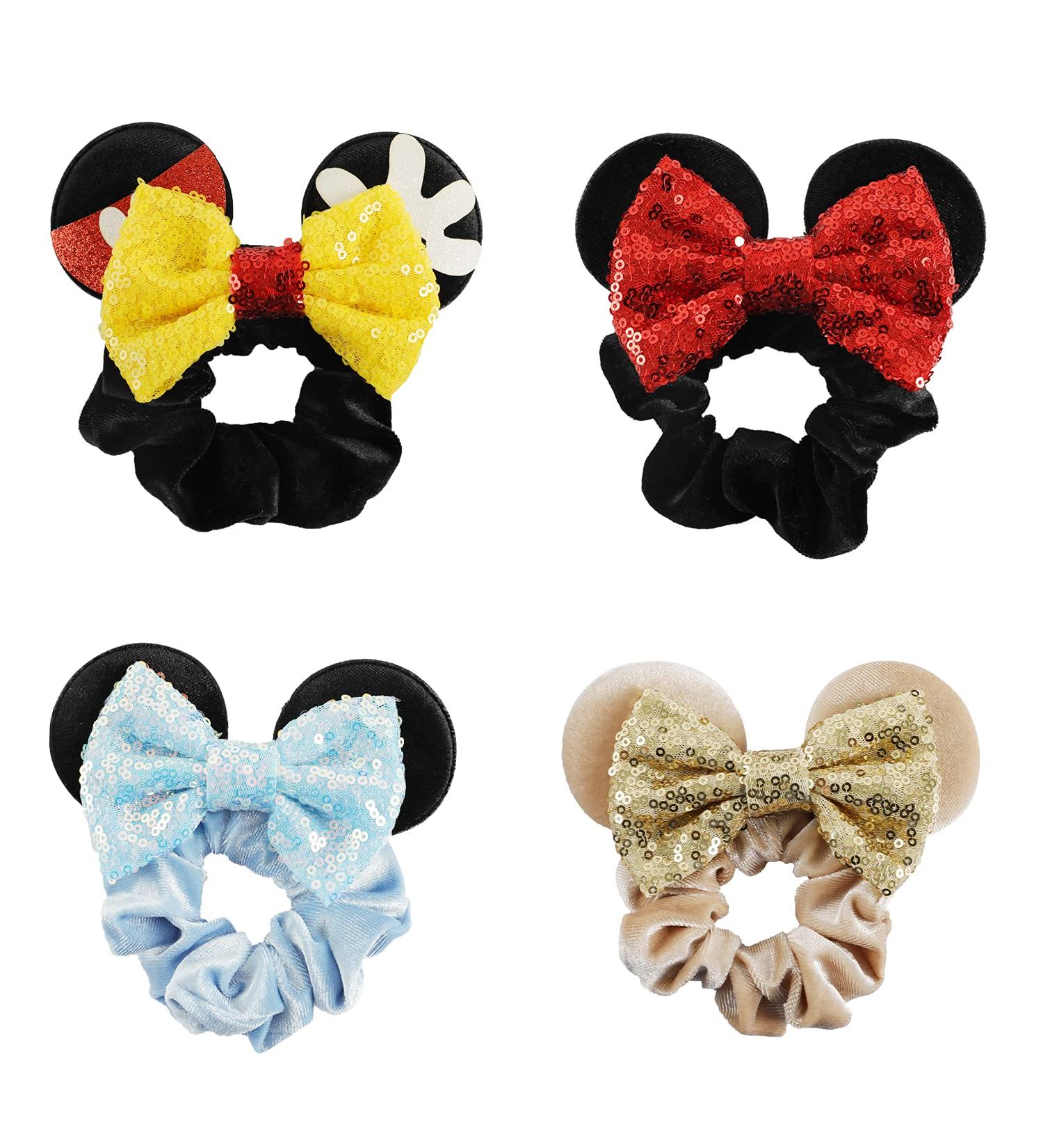 Minnie Mouse Velvet Scrunchies with Sequin Bows - 4 Pcs Hair Bands for Women, Girls, Kids in Yellow, Red, Blue, Ivory - Buy Online on GoSupps.com