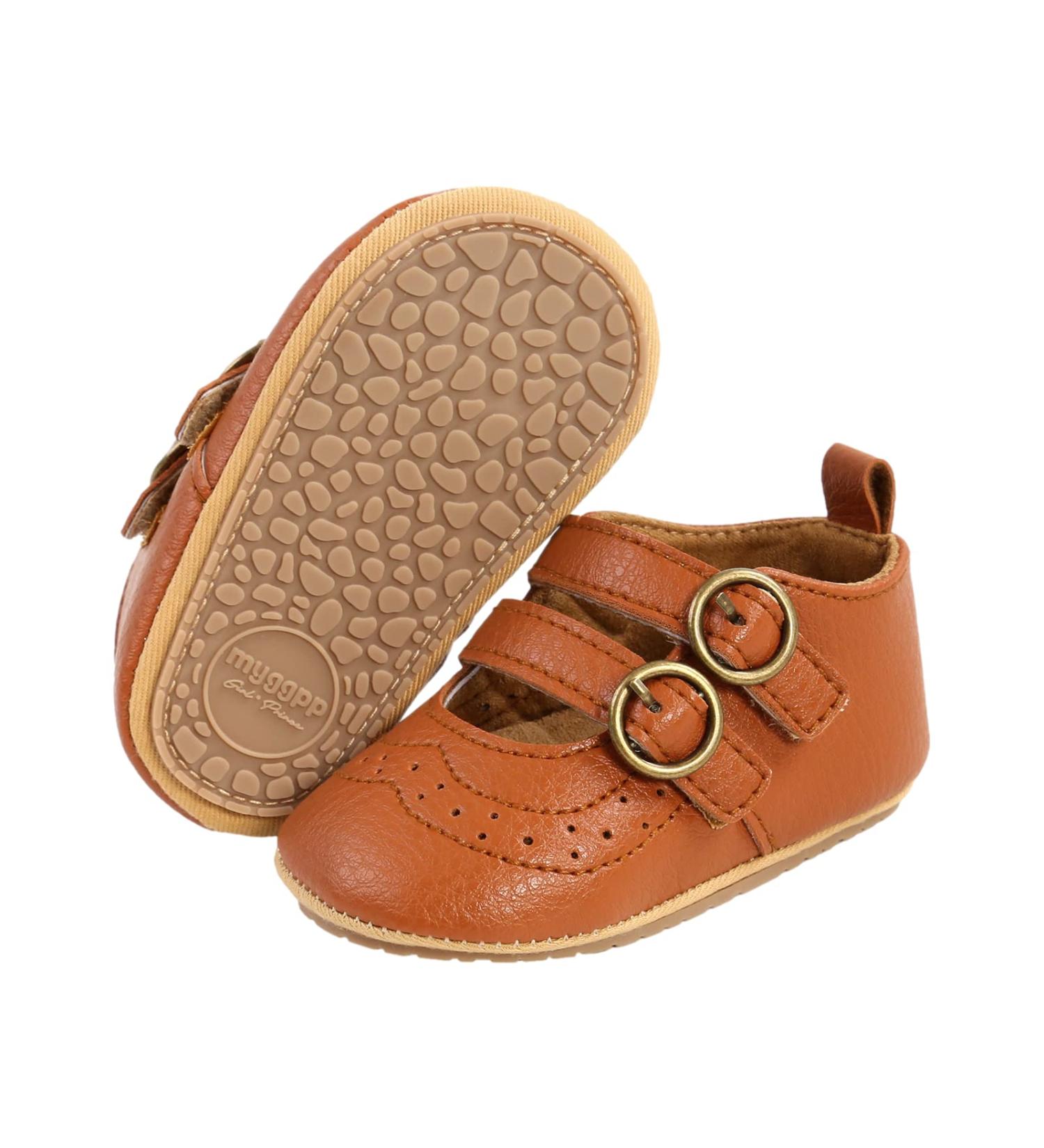 Baby Girls Mary Jane First Walking Shoes | Anti-Slip Princess PU Leather | 12-18 Months | Infant Baby Shoes - Brown - Buy Online on GoSupps.com