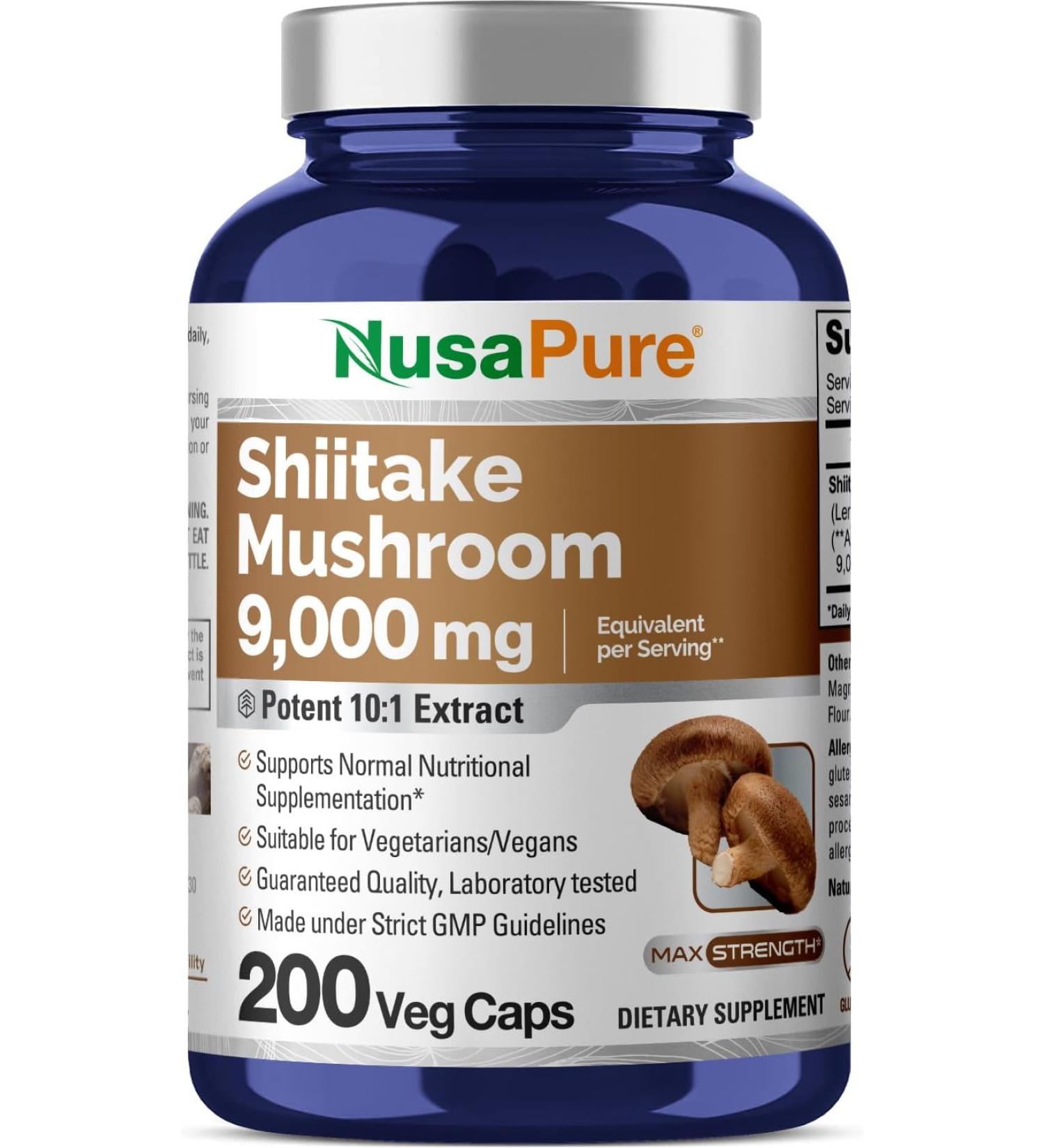 NusaPure Shiitake Mushroom Extract 9000mg - 200 Veggie Capsules | Non-GMO & Gluten-Free - Buy Online on GoSupps.com