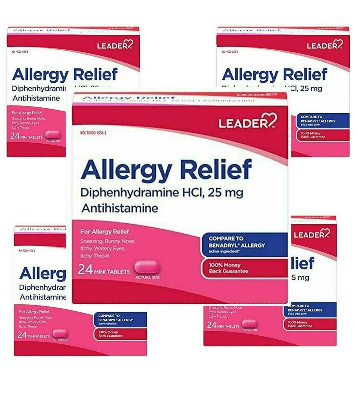 Leader Antihistamine Allergy Relief Diphenhydramine HCl 25mg Mini Tablets 24 Count Pack of 5 - Buy Online on GoSupps.com