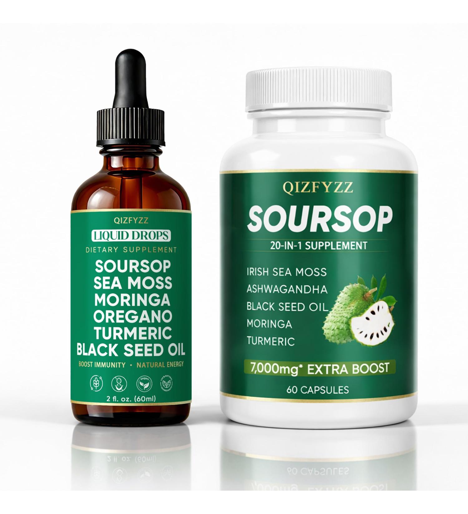 QIZFYZZ Soursop Bitters Liquid Drops + Seaweed Super Dual-Effect Set with Sea Moss Moringa Turmeric & Black Seed Oil for Digestive Balance Daily Wellness & Vitality Support (1set) - Buy Online on GoSupps.com