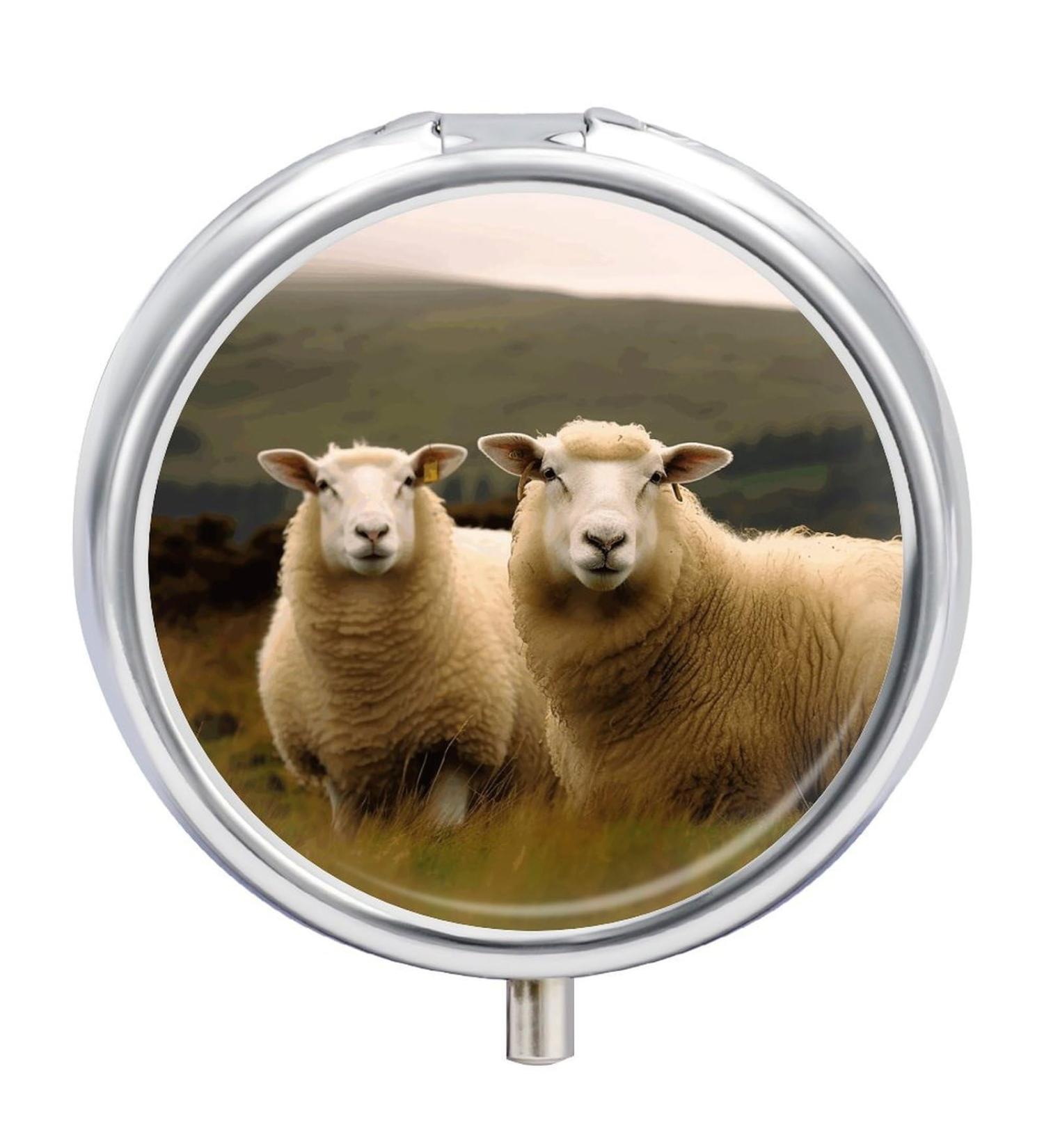 Round Pill Box with White Sheep Print | Three Compartment Decorative Pill Organizer | Portable Metal Pocket Case - Style 10 - Buy Online on GoSupps.com