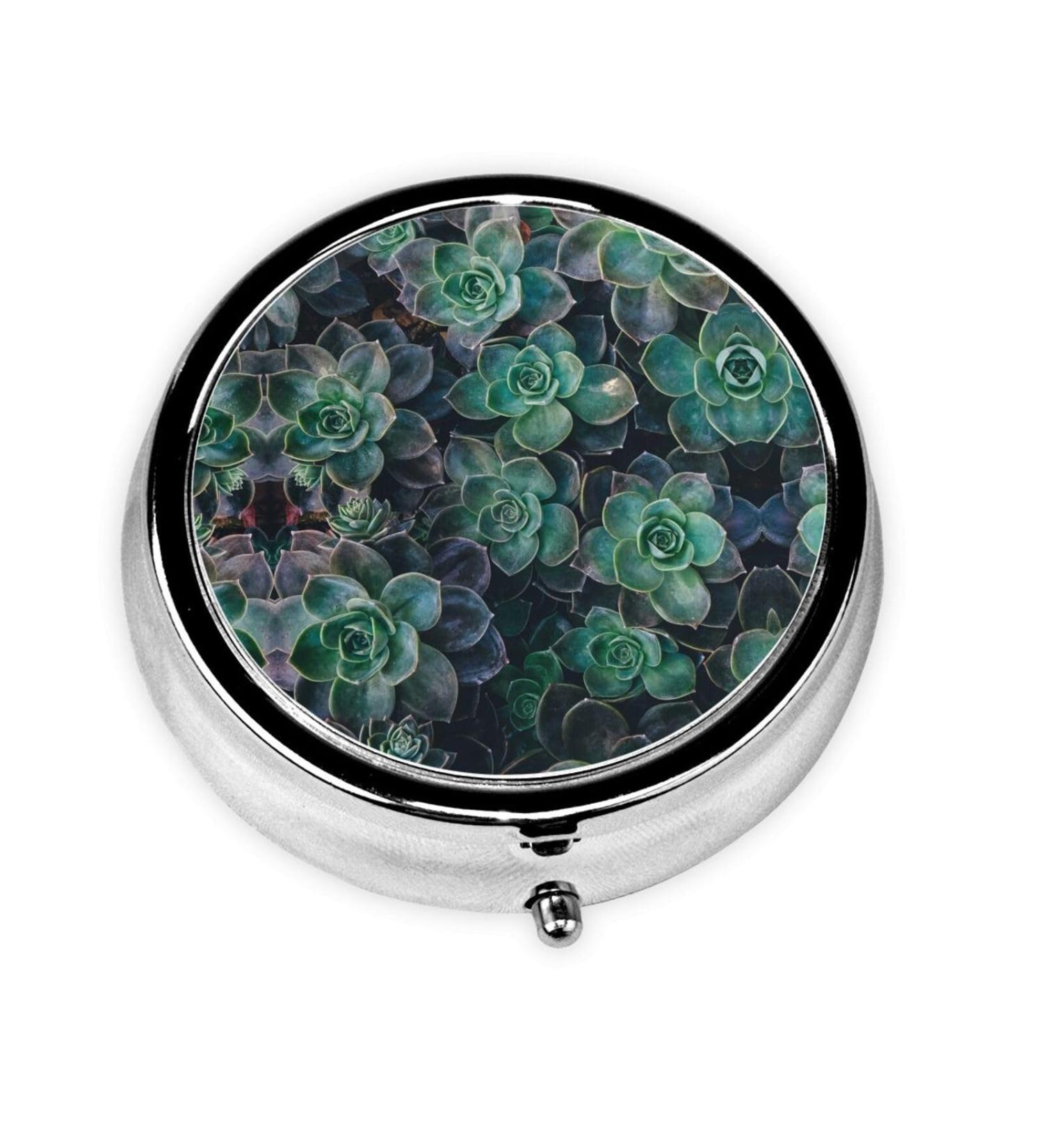 Green Succulent Portable Round Pill Box - Lightweight & Moisture-Proof Organizer for Vitamins | International Shipping Available - Buy Online on GoSupps.com