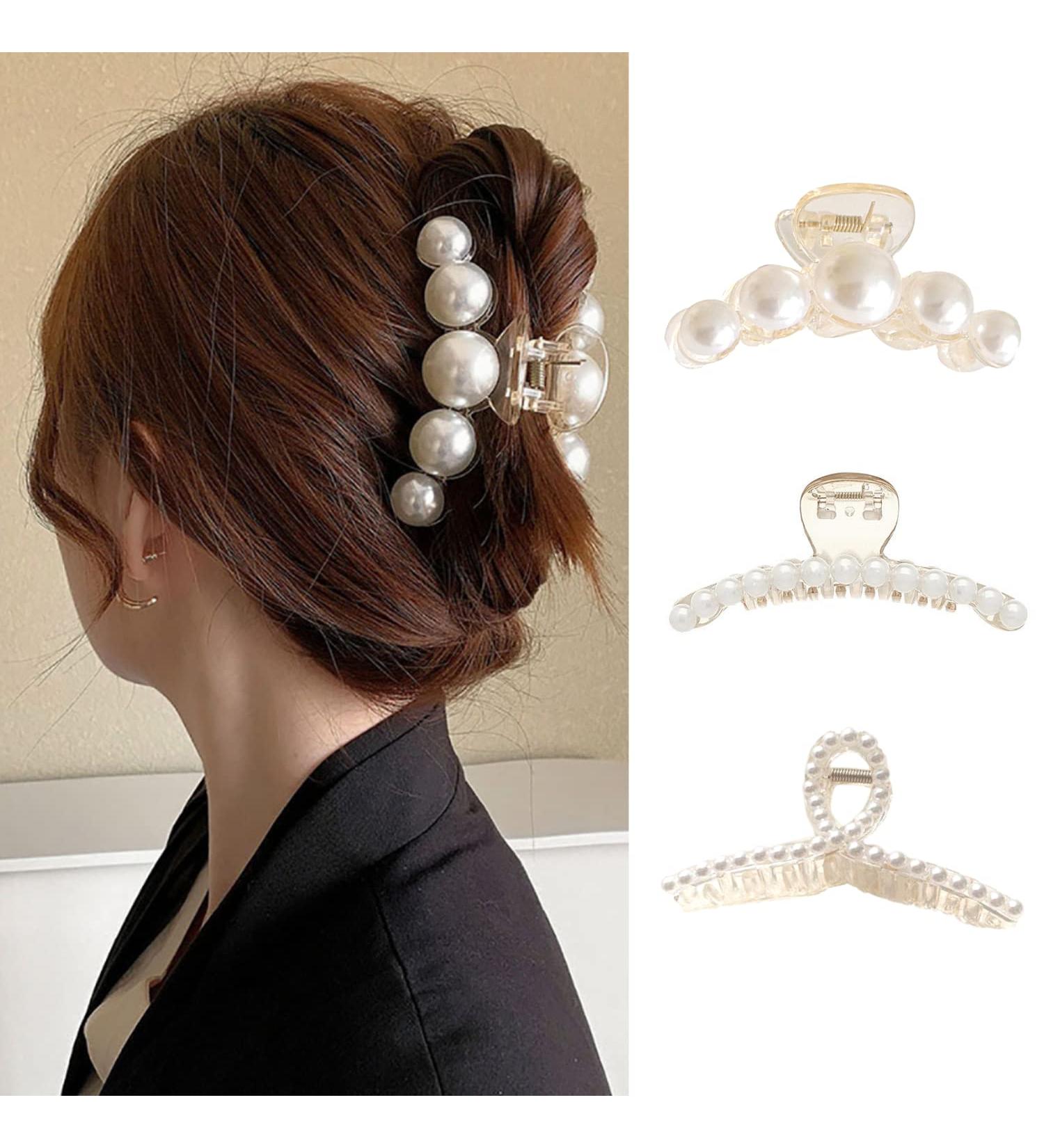 Pearl Hair Claw Clips Set - Elegant Big Rhinestone Hair Accessories for Women (3 Pack) - Buy Online on GoSupps.com