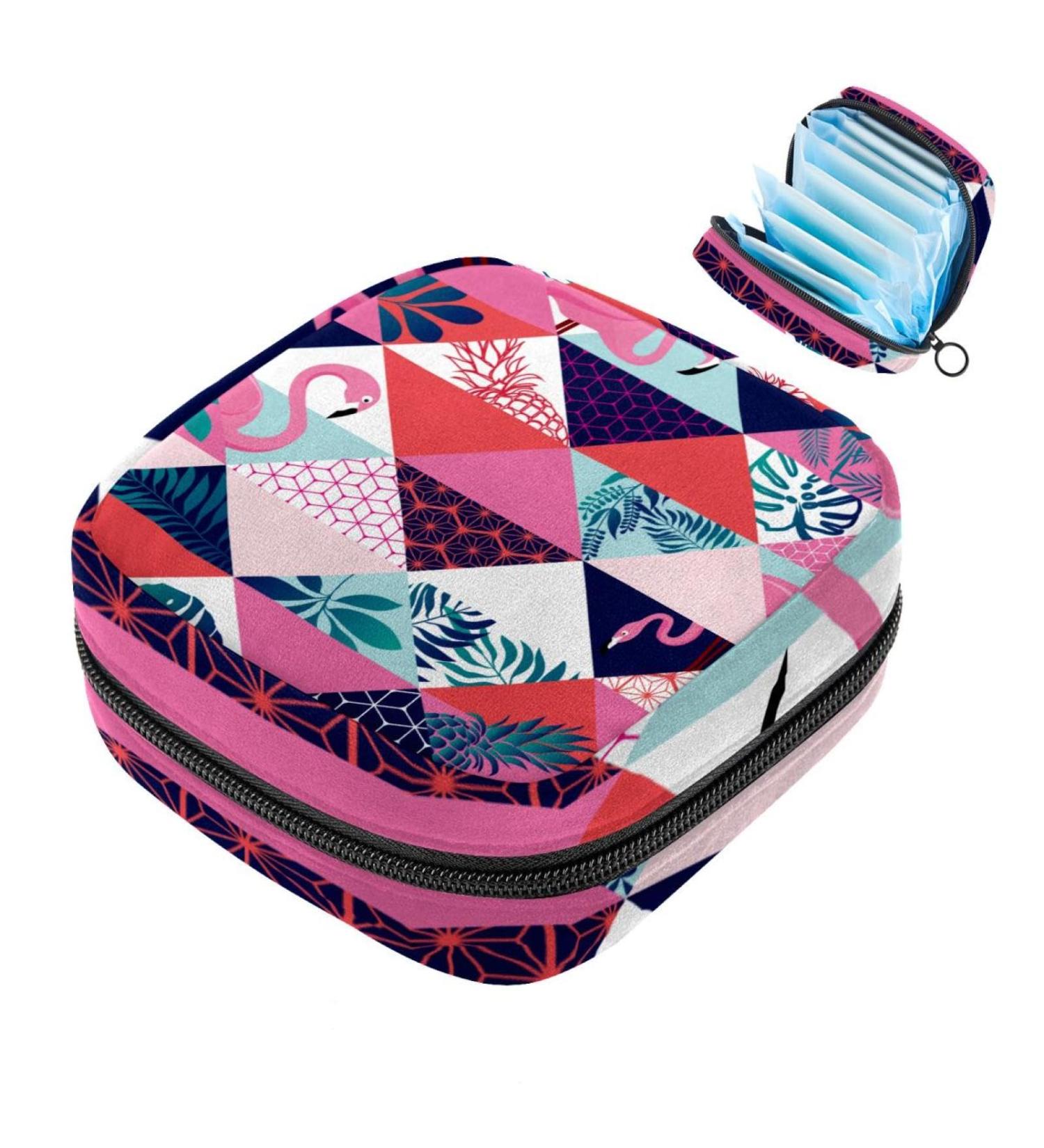 Womens Binding-Up Bags | Geometric Flamingo & Tropical Leaves | Portable Menstrual Pad & Tampon Storage | Multicolored Holder for School & Office - Buy Online on GoSupps.com