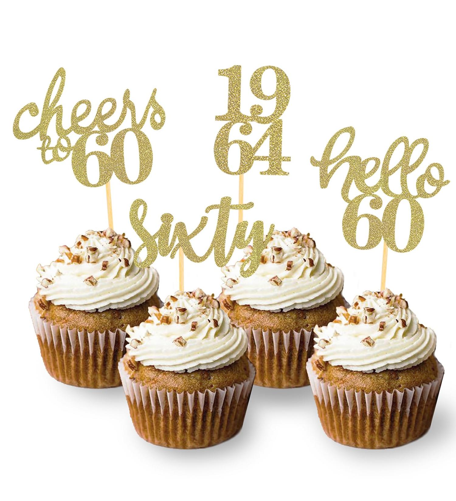 24 Pcs Glitter 60th Birthday Cupcake Toppers for Celebrating Sixty Years Old Birthday Party Decorations (Gold) - Buy Online on GoSupps.com